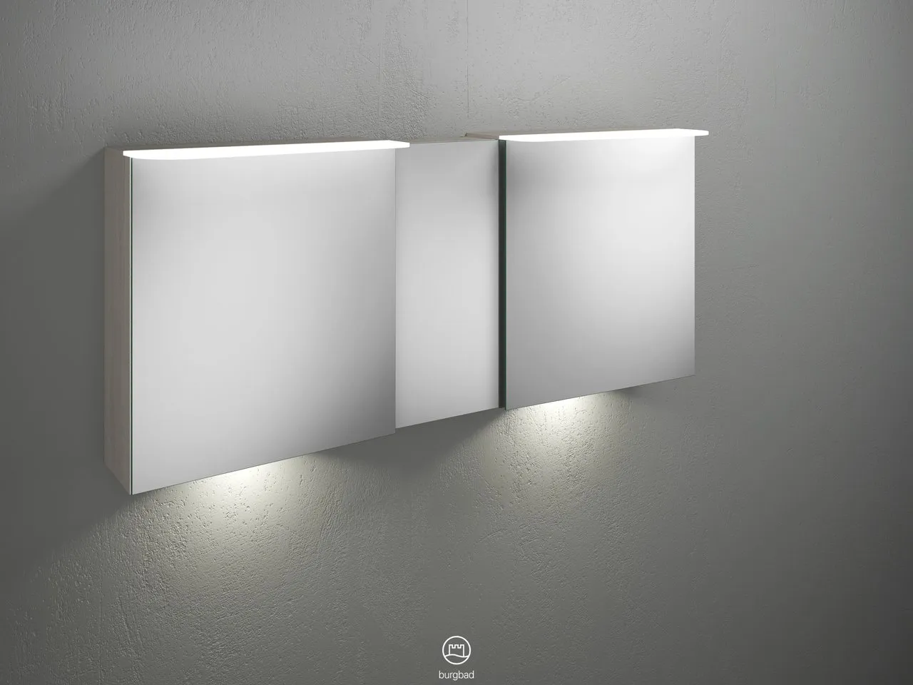 Badu Spiegelschrank SFUF150 von burgbad - 310 mm tief, 1.500 mm breit, 665 mm hoch mit 3 beidseitig verspiegelten Spiegeln und LED-Beleuchtung