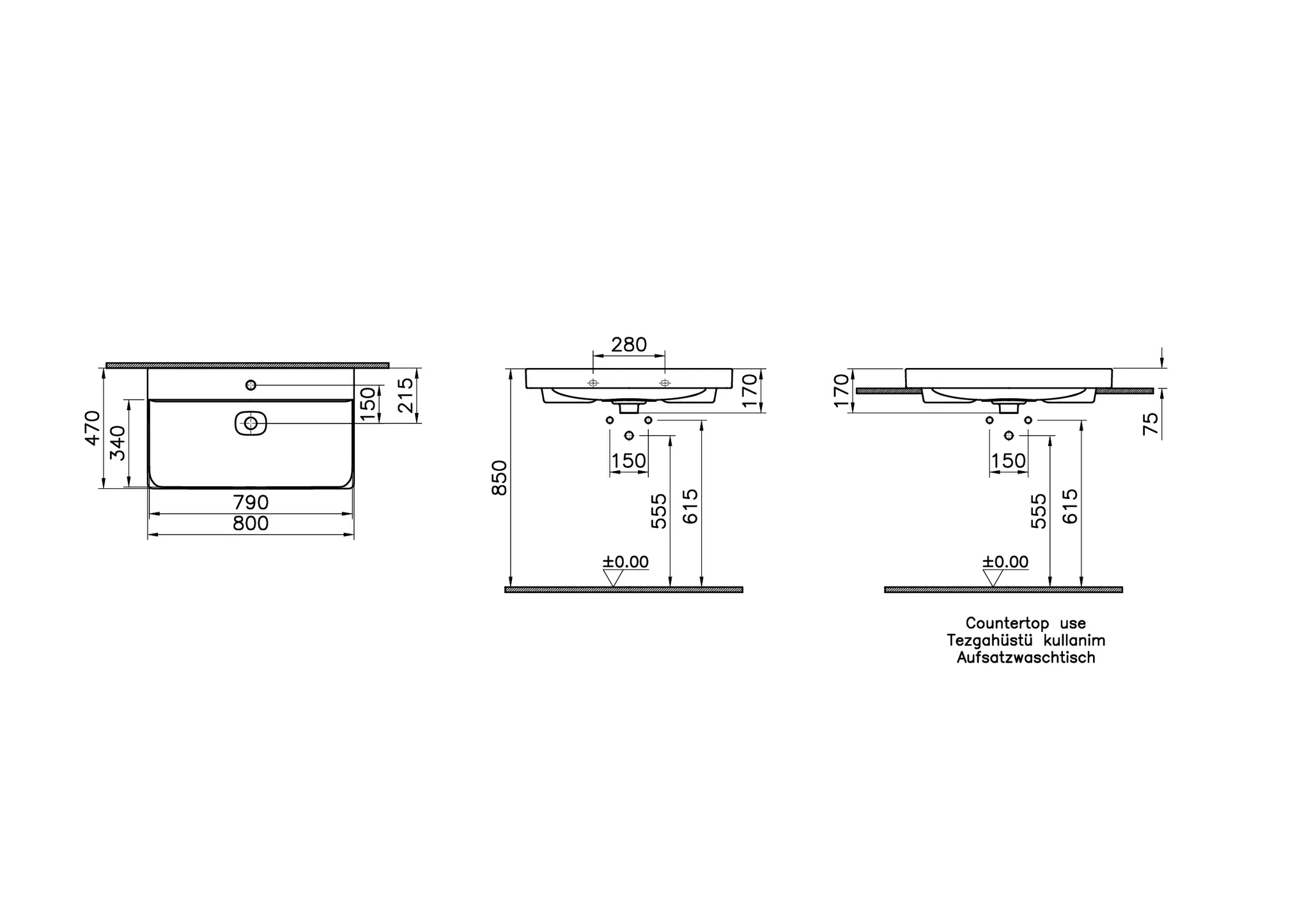 VitrA New Metropole Waschtisch wandgebunden rechteckig 80x47 cm mit Hahnloch ohne Überlaufschlitz Edelweiß