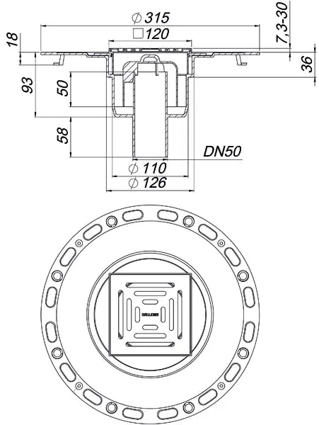 Bodenablauf TistoPlan K 12 senkrecht, DN 50, 120 x 120 mm Bodenablauf TistoPlan K 12 senkrecht, DN 50, 120 x 120 mm