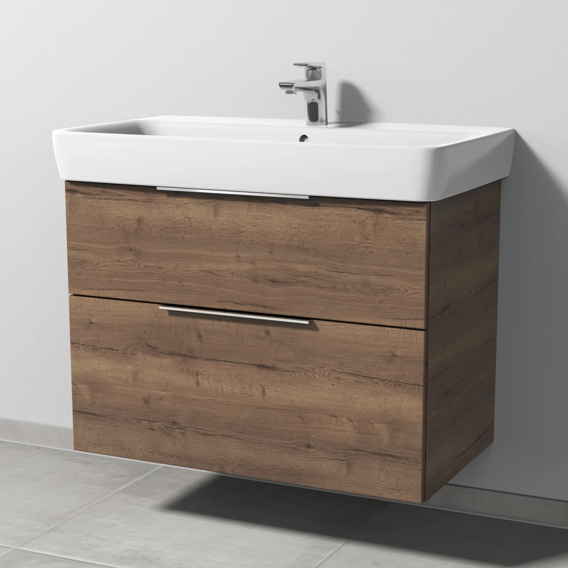 Sanipa Waschtischunterschrank „3way“ passend zu Keramik-Waschtische Renova Plan von Geberit 790 × 588 × 407 mm in Eiche Tabak, Becken mittig