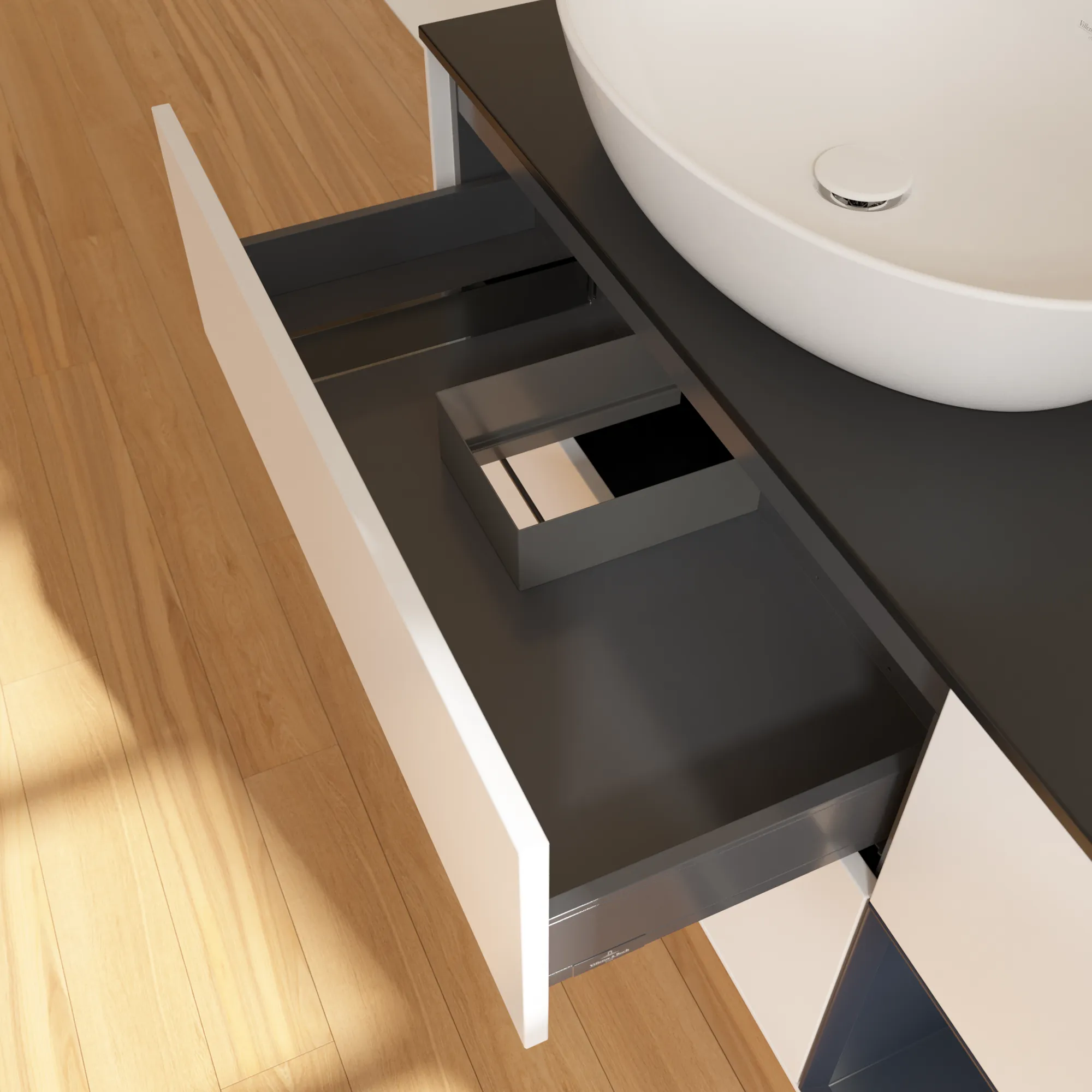 Villeroy & Boch Waschtischunterschrank „Finion“ für Schrankwaschtisch 1200 × 603 × 501 mm White Matt Lacquer, für Becken links, ohne Hahnlochbohrung