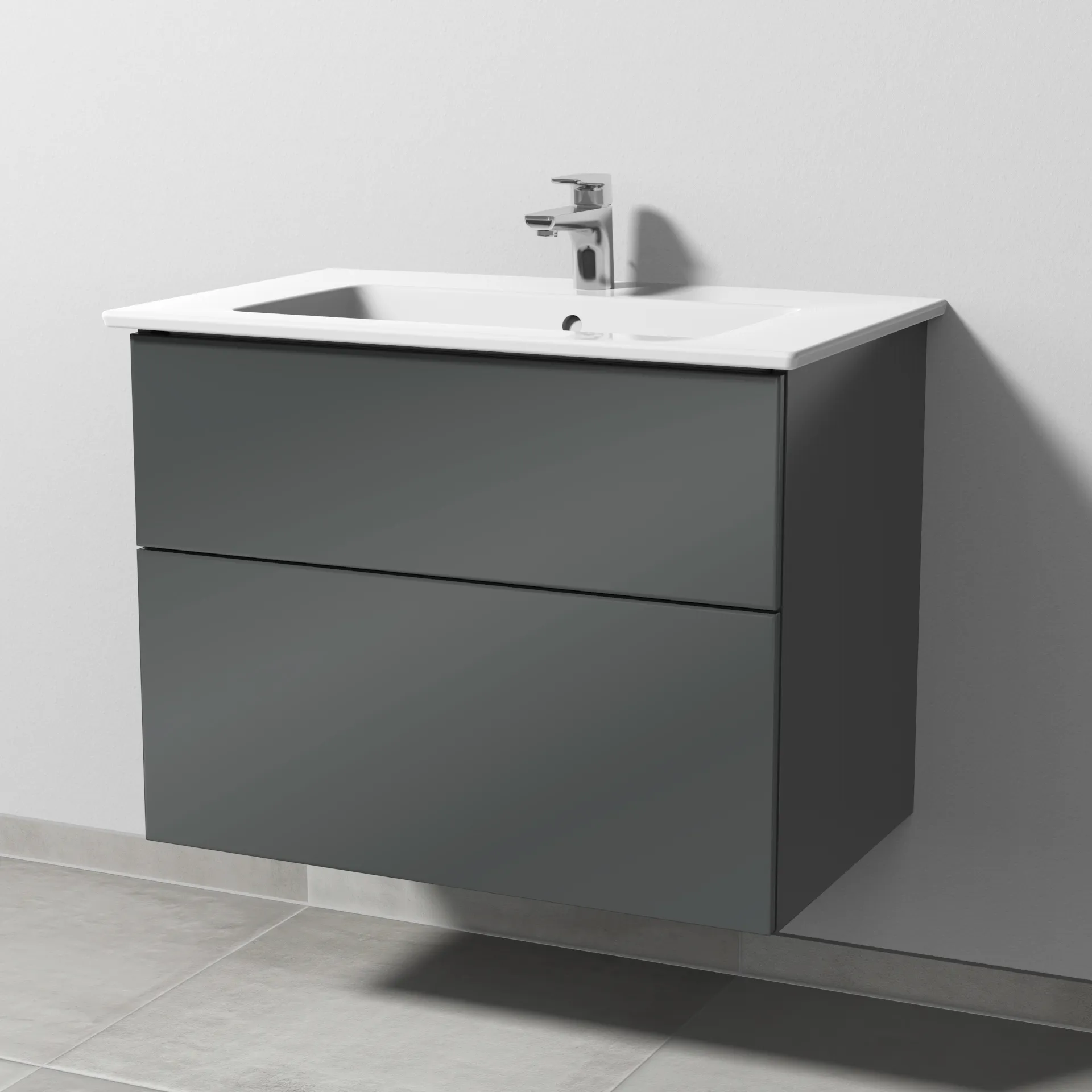 Keramik-Waschtisch-Set mit Waschtischunterschrank „3way“ 75,5 × 47,7 × 59,1 cm in Anthrazit (glanz), mit Hahnlochbohrung, Becken mittig Keramik-Waschtisch-Set mit Waschtischunterschrank „3way“ 75,5 × 47,7 × 59,1 cm in Anthrazit (glanz), mit Hahnlochbohrung, Becken mittig
