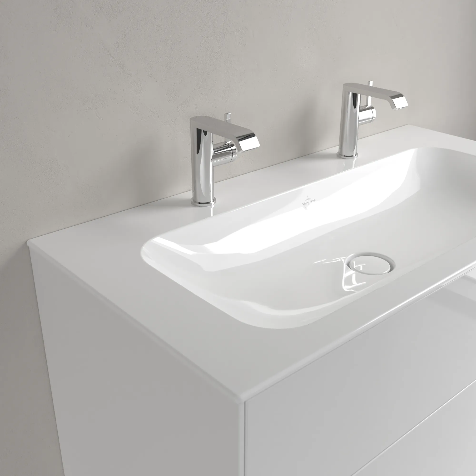Villeroy & Boch Schrankwaschtisch aus TitanCeram „Finion“ 1000 × 500 × 160 mm, Hahnlochposition links und rechts, mit Hahnlochbohrung in Weiß Alpin, mit CeramicPlus