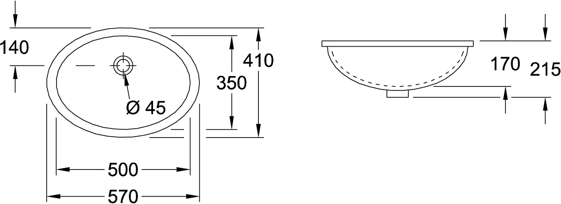 Villeroy & Boch Evana Unterbauwaschbecken oval, weiß Alpin CeramicPlus, 500 x 350 x 215 mm, Höhe 200 mm, mit Überlauf, glänzende Oberfläche