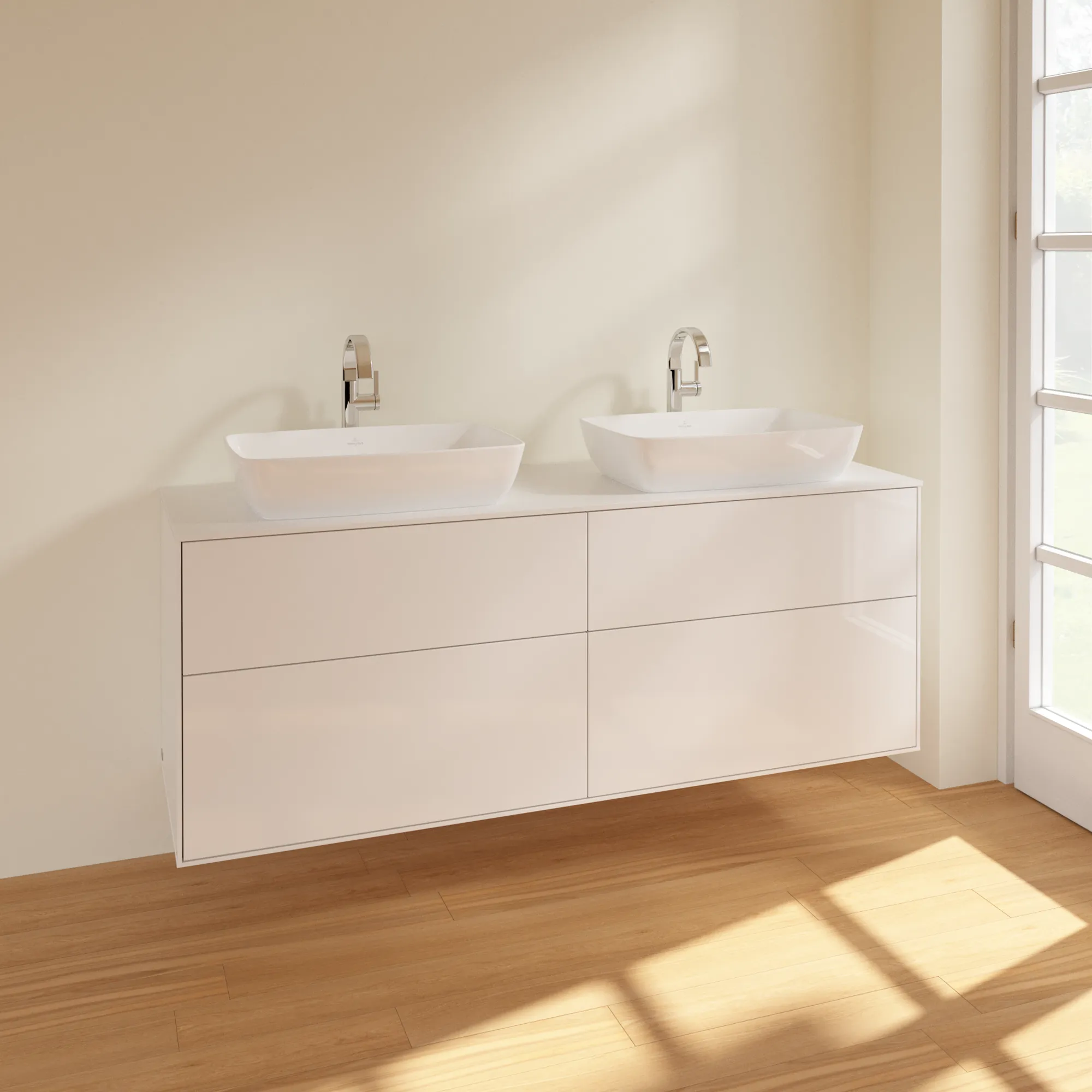 Villeroy & Boch Waschtischunterschrank „Finion“ für Schrankwaschtisch 1600 × 603 × 501 mm Glossy White Lacquer, für links und rechts, mit Hahnlochbohrung