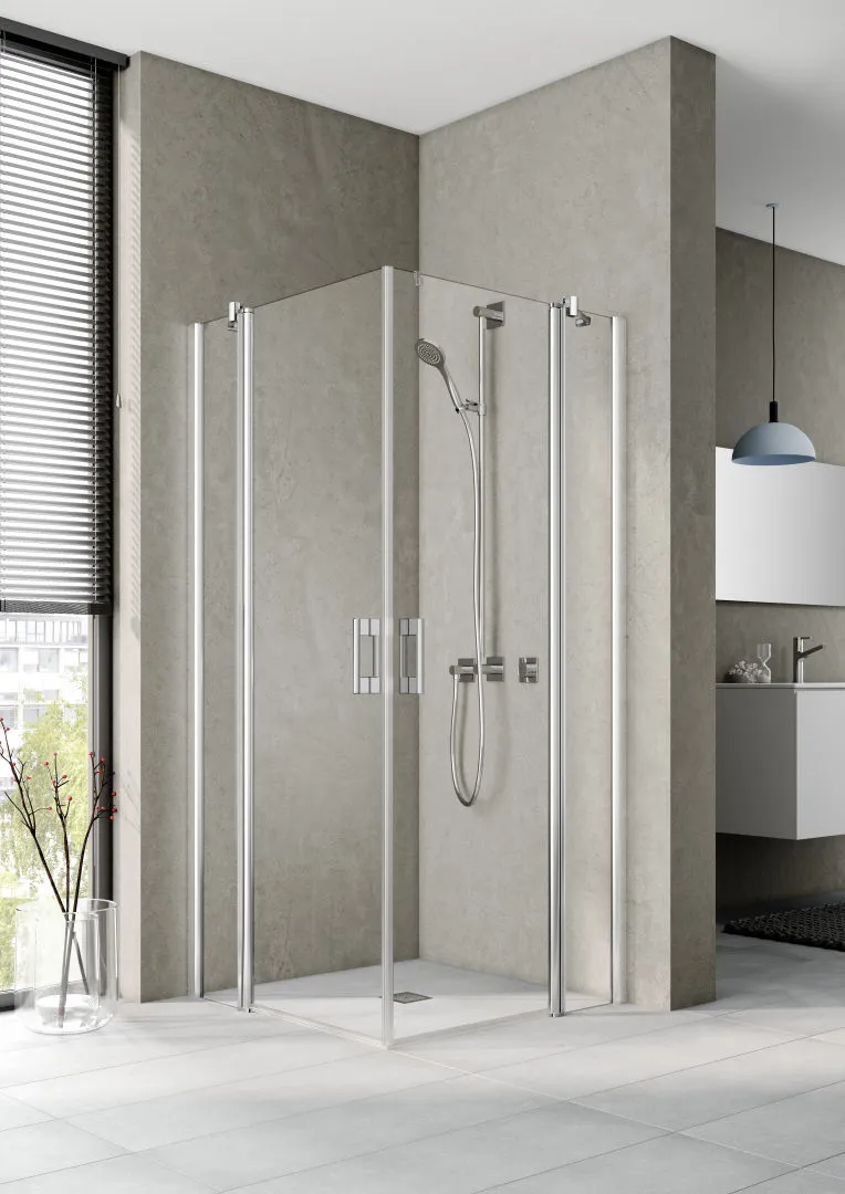 Kermi Duschtür Eckeinstieg 2-teilig Pendeltüren mit Festfeldern Halbteil links „PEGA“ Glas Klar, Profile Silber Hochglanz, BV: 715 - 740 mm GAK: 700 - 725 mm WE: 725 - 750 mm H: 1850 mm