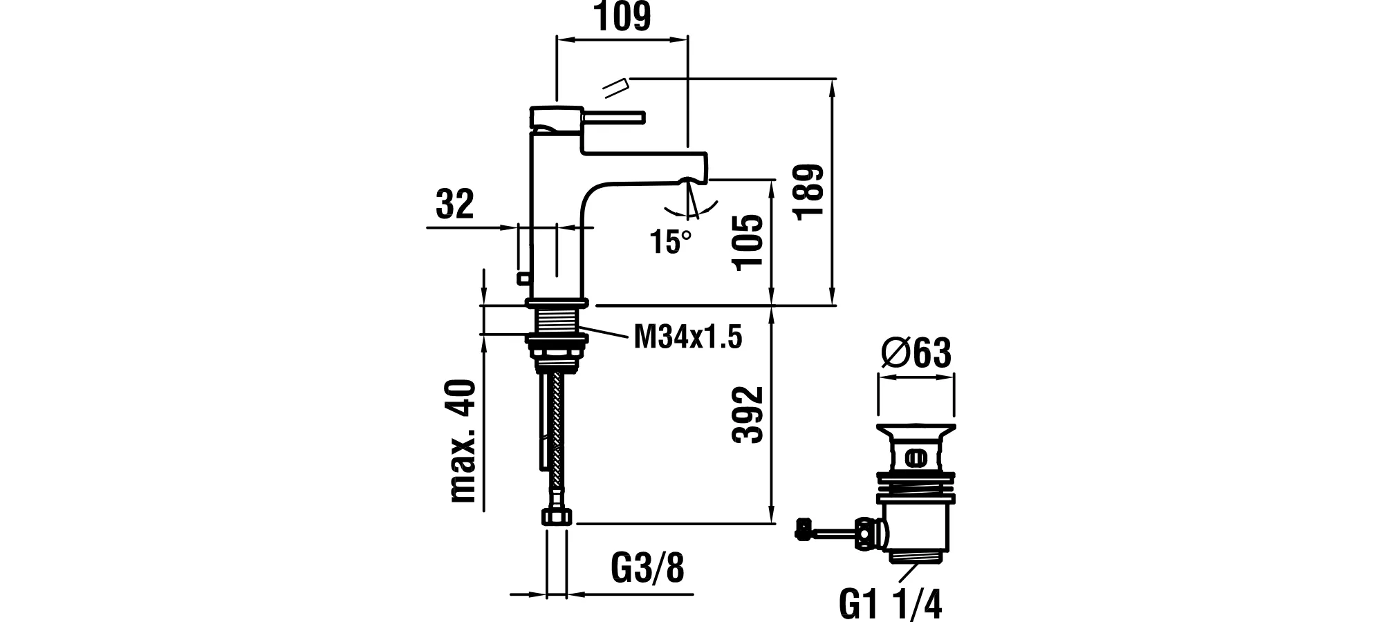 Einhebel-Waschtischmischer TWINPLUS Festauslauf Ausladung 109 mm mit Ablaufventil chrom Einhebel-Waschtischmischer TWINPLUS Festauslauf Ausladung 109 mm mit Ablaufventil chrom