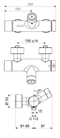 Aufputz-Duscharmatur VITUS VD-C-T / u, Mischwasser, Thermostat, Elektronisch, Selbstschluss, Batteriefach, Thermische Desinfektion mit SWS, 2x DN 15 G 1/2 AG, DN 15 G 1/2 AG (unten), chrom
