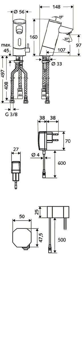 Waschtisch-Armatur PURIS E, Elektronisch, ND-M - Niederdruck Mischwasser, Infrarot, Unterputznetzteil 9 VDC, 100 - 240 VAC, 50 - 60 Hz, 3x G 3/8 IG, chrom