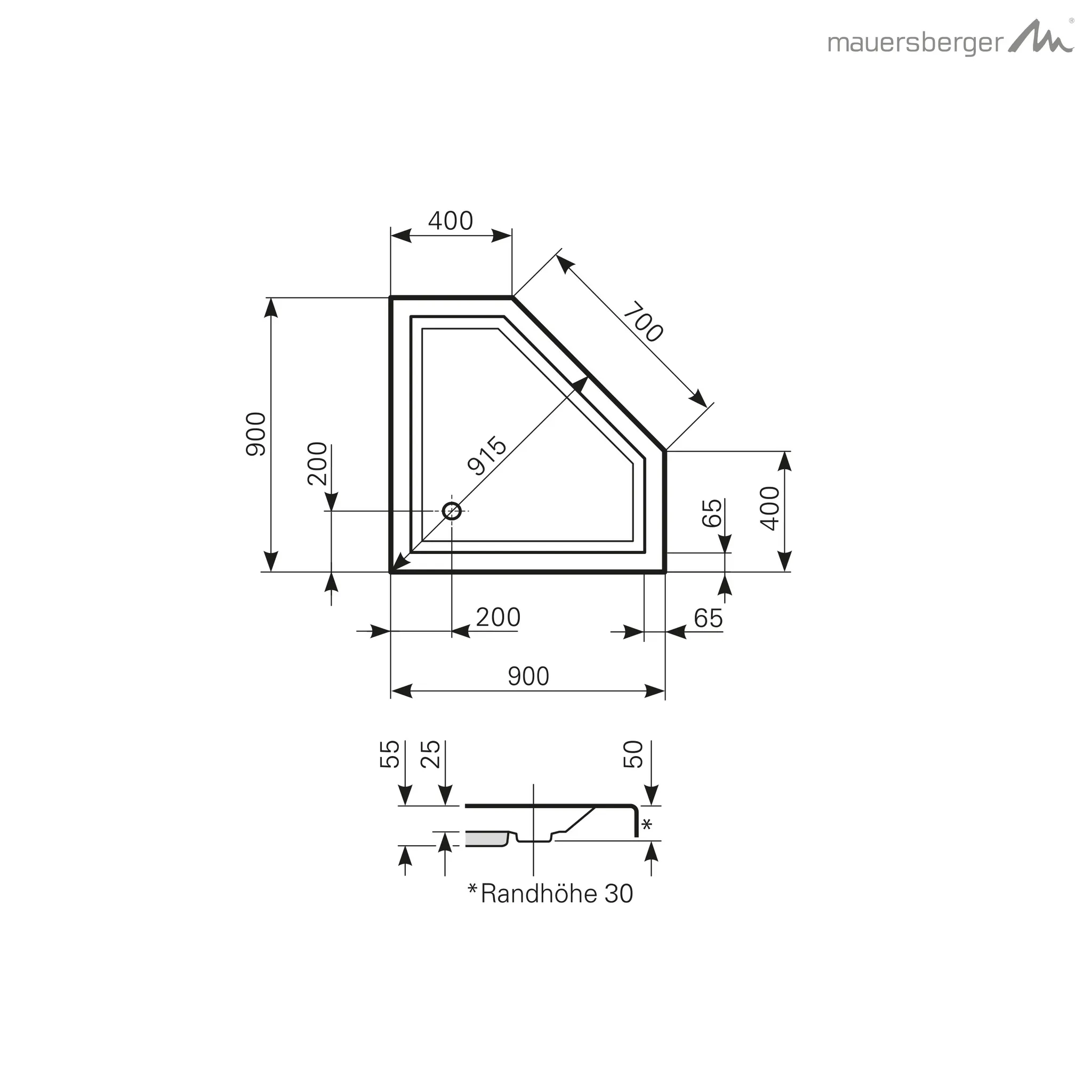 Mauersberger Acryl-Duschwannen-Einheit ceptor 90/40 1-teilig, weiß