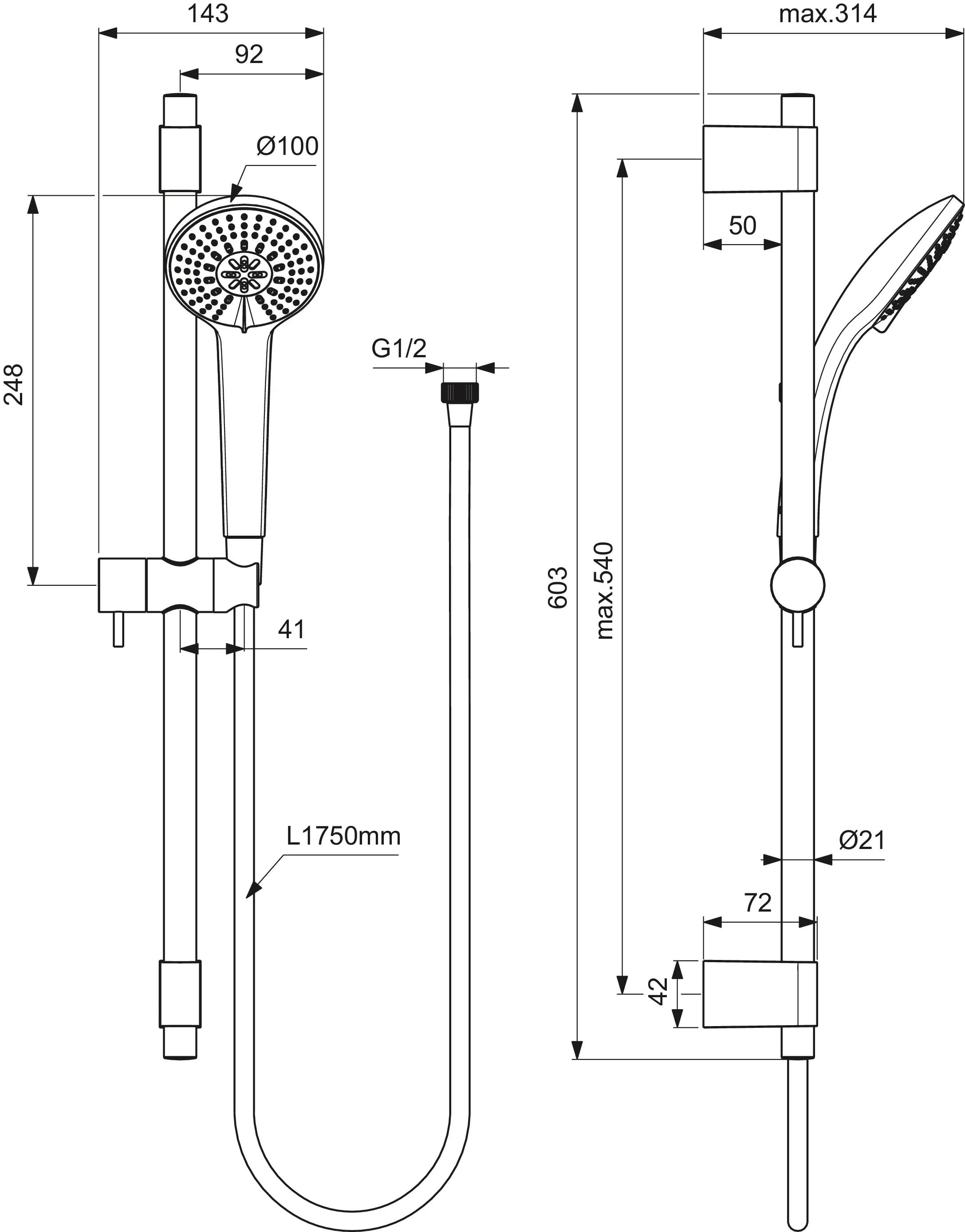 Brausekombination Idealrain Pro 600mm 3-Funktionshandbrause, Durchmesser:100mm Chrom