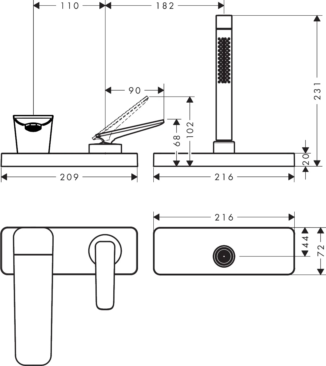 Hansgrohe AXOR Citterio C 3-Loch Einhebel-Wannenrandmischer Chrom, Ausladung 155 mm, sBox für leise Schlauchführung, max. Durchfluss 20 l/min