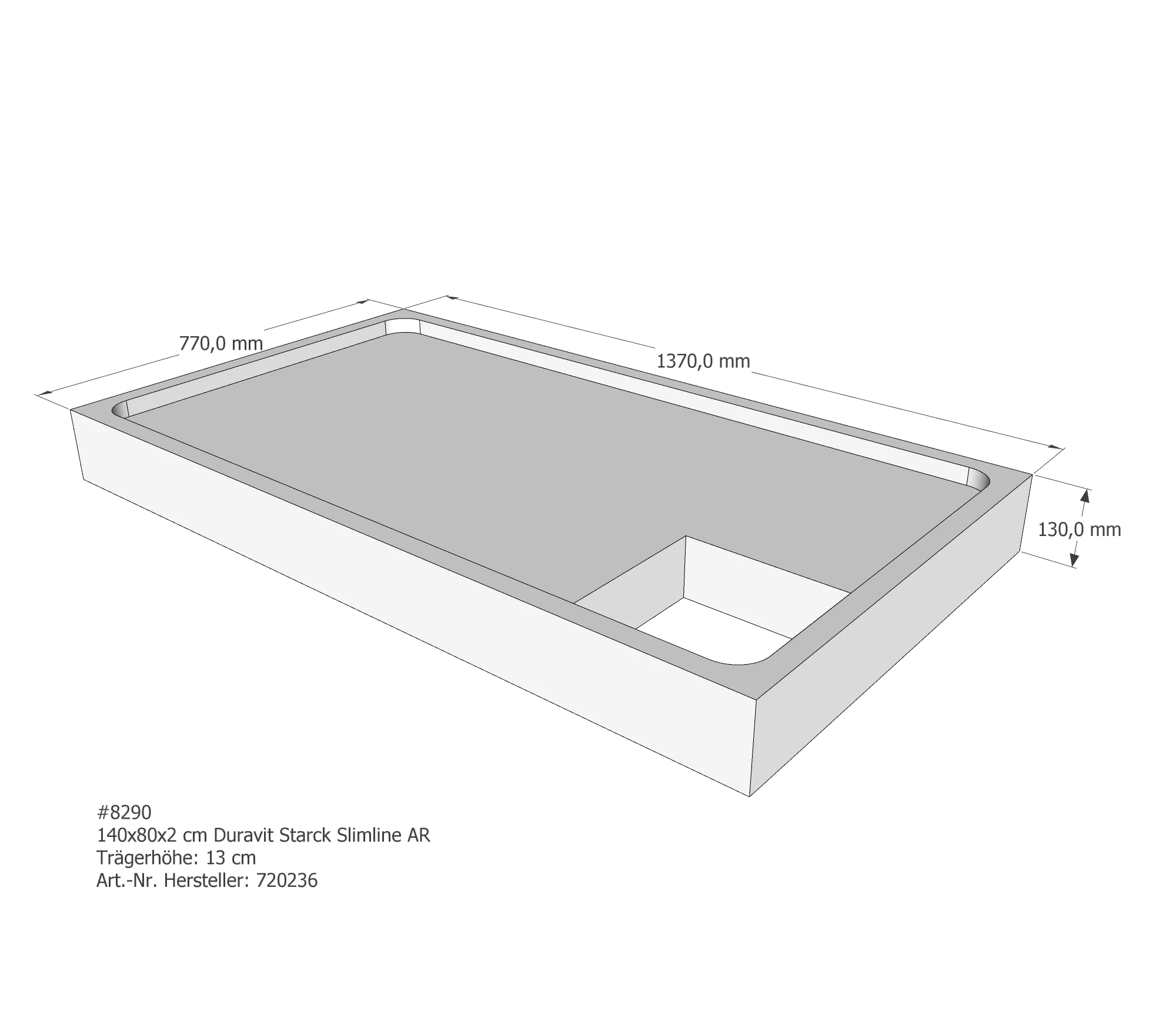 Duschwannenträger für Duravit Starck Slimline 140 × 80 × 2 cm Breite: 80 cm / Länge: 140 cm