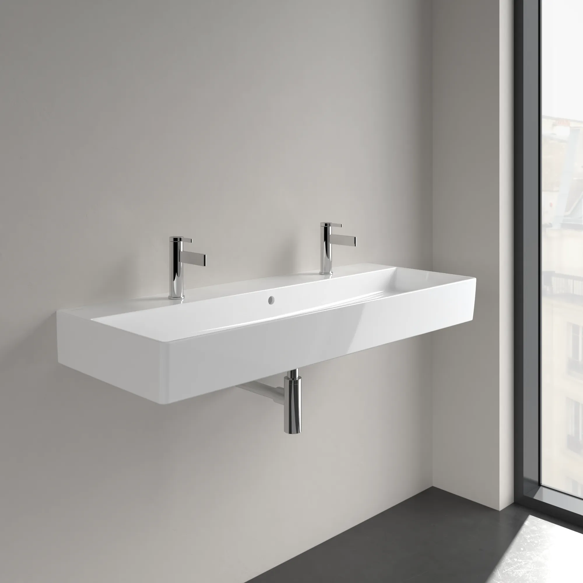 Villeroy & Boch Wandwaschbecken Memento 2.0, 1200x470x150 mm, glänzend weiß Alpin, TitanCeram, mit Überlauf, für zwei 1-Loch-Armaturen