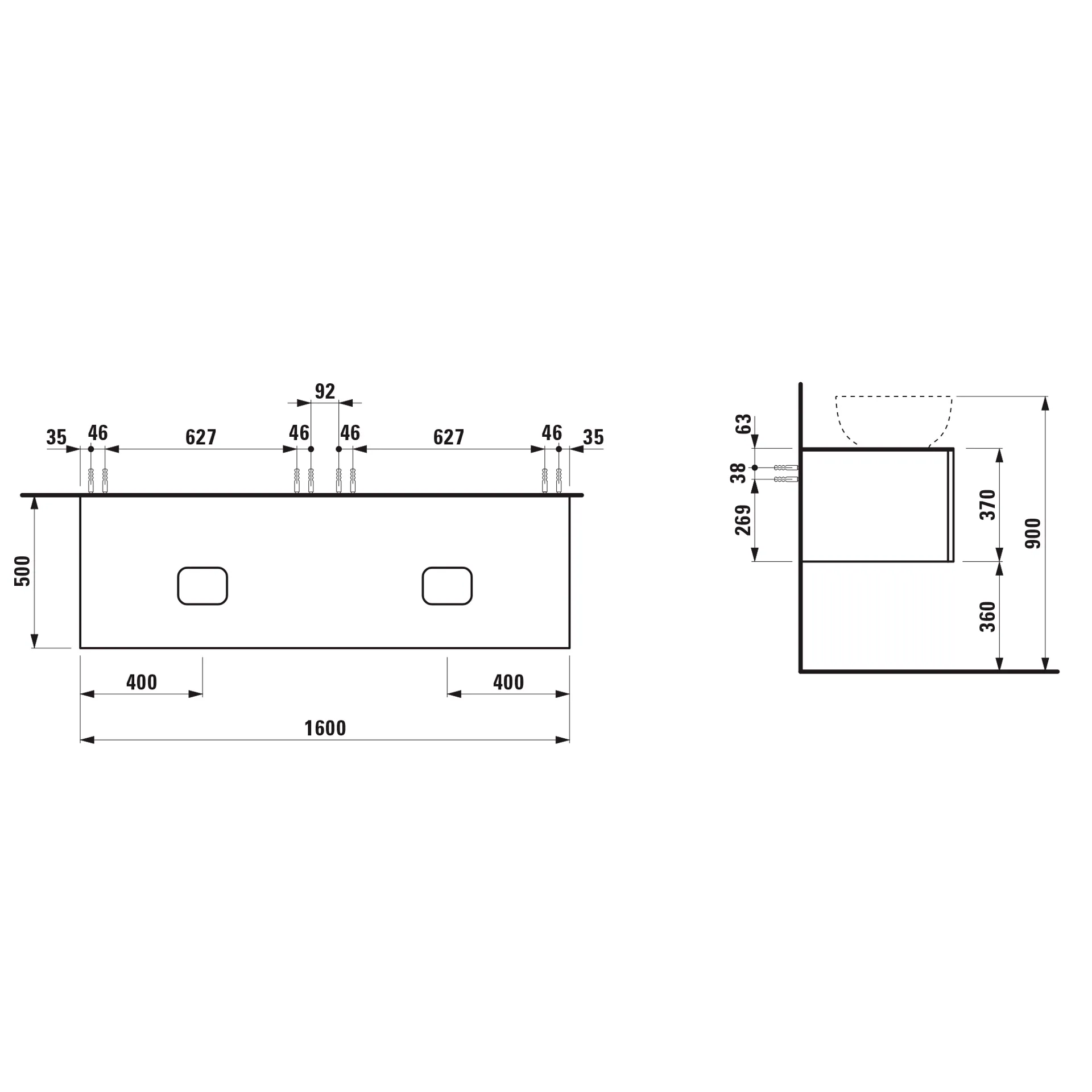 Schubladenelement (WT-Unterbau+WT-Platte) ILBAGNOALESSI 500x1600x370 2 Schubladen integrierte versteckte Griffe seitlich Vollauszug Soft-Close Ausschnitt links und rechts Marrone Naturale Top passend zu Waschtisch H818975/6 H818977/8 Weiß matt