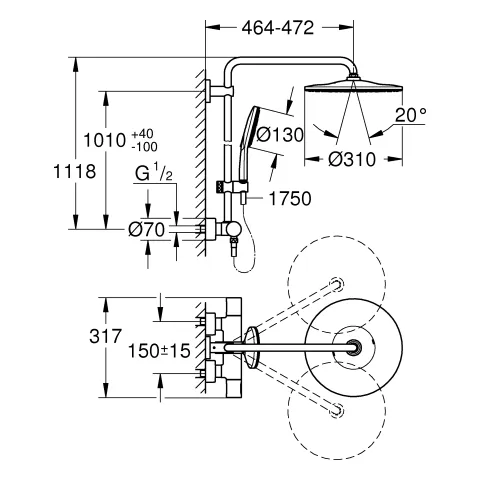 Duschsystem Rainshower SmartActive 310 26836, mit Thermostatbatterie, Wandmontage, 450mm Duscharm, Kopfbrause Rainshower Mono 310, Handbrause Rainshower SmartActive 130, hard graphite Duschsystem Rainshower SmartActive 310 26836, mit Thermostatbatterie, Wandmontage, 450mm Duscharm, Kopfbrause Rainshower Mono 310, Handbrause Rainshower SmartActive 130, hard graphite
