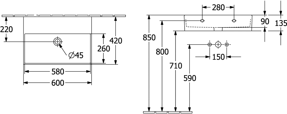 Villeroy & Boch Memento 2.0 Waschbecken TitanCeram 600x420mm Rechteck ohne Überlauf Weiß Alpin