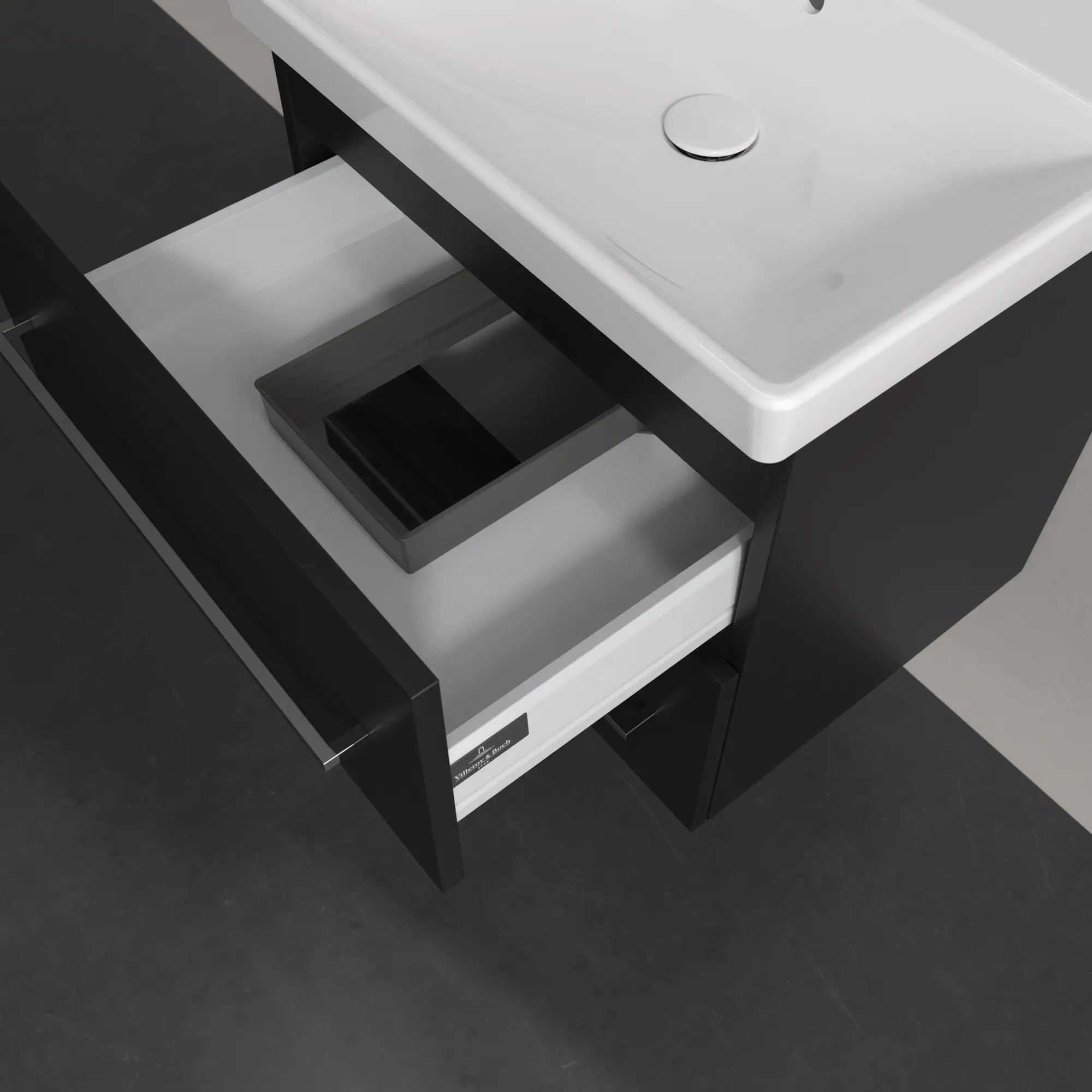 Villeroy & Boch Avento Waschbeckenunterschrank A88900, 576x514x484mm, 2 Auszüge, Waschbecken mittig, Volcano Black