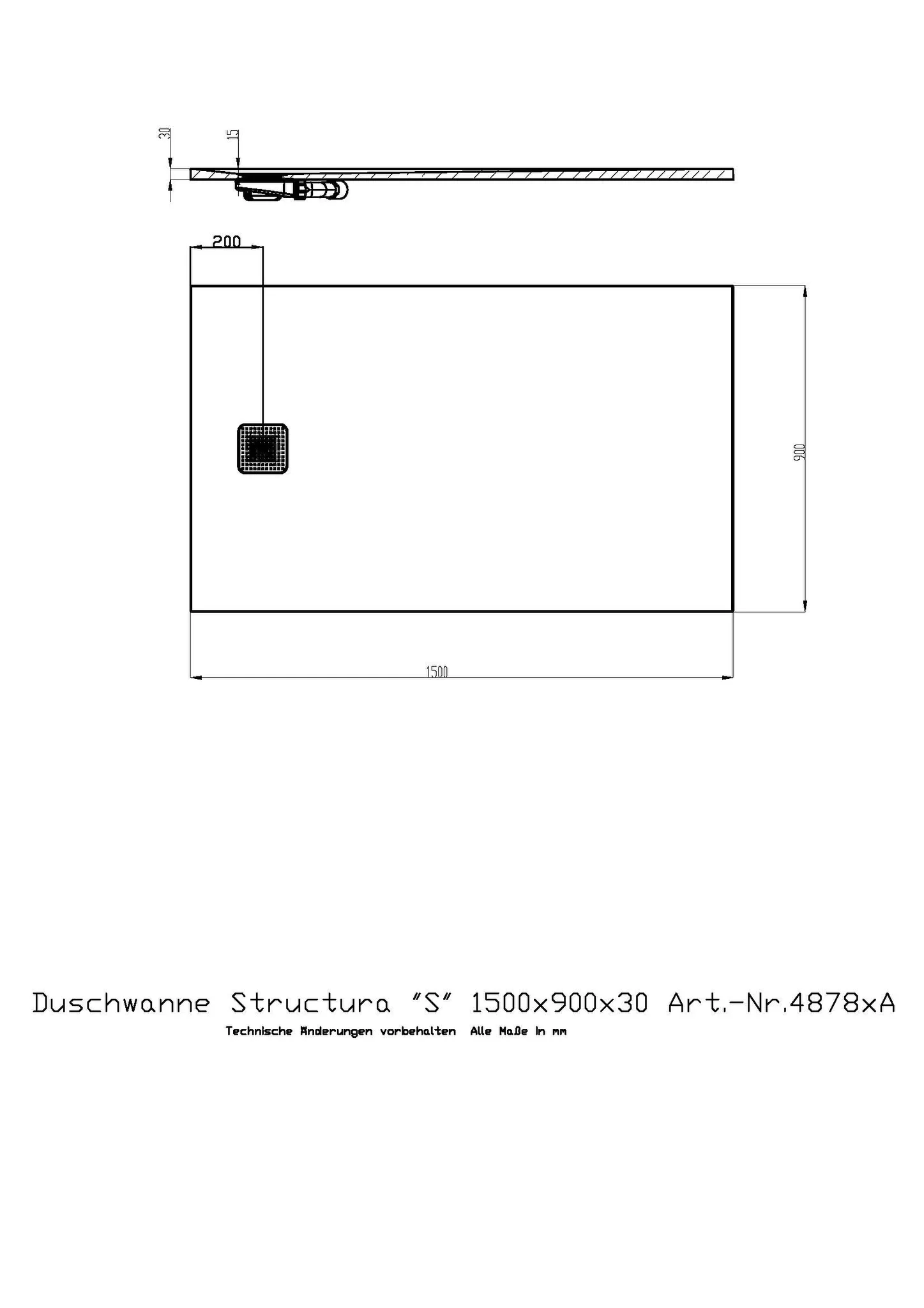Duschwanne Structura ″S″ 1500x900x30 in gesoftete Schieferoptik, mit Antirutsch B, Material Solique, Weiß