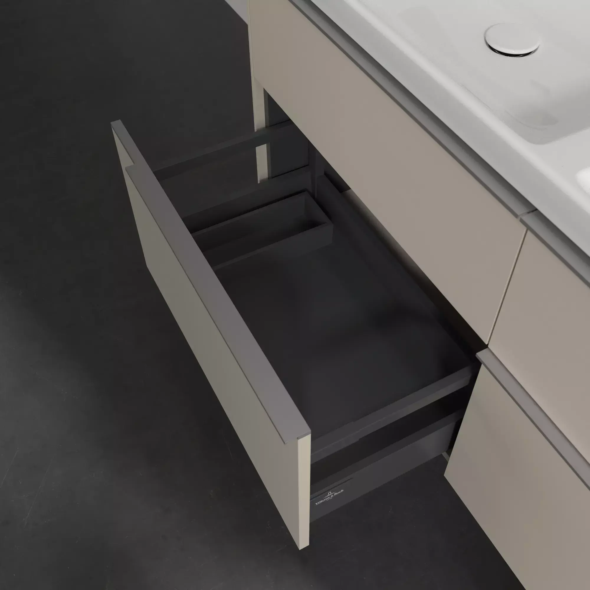 Villeroy & Boch Set-Möbelset aus Spiegelschrank, Doppelwaschtisch, Unterschrank und Hochschrank in Cashmere Grey