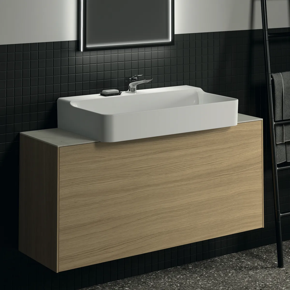 Waschtischplatte Conca, aus Keramik, 1202x373x6mm, Marmor Noir Desir