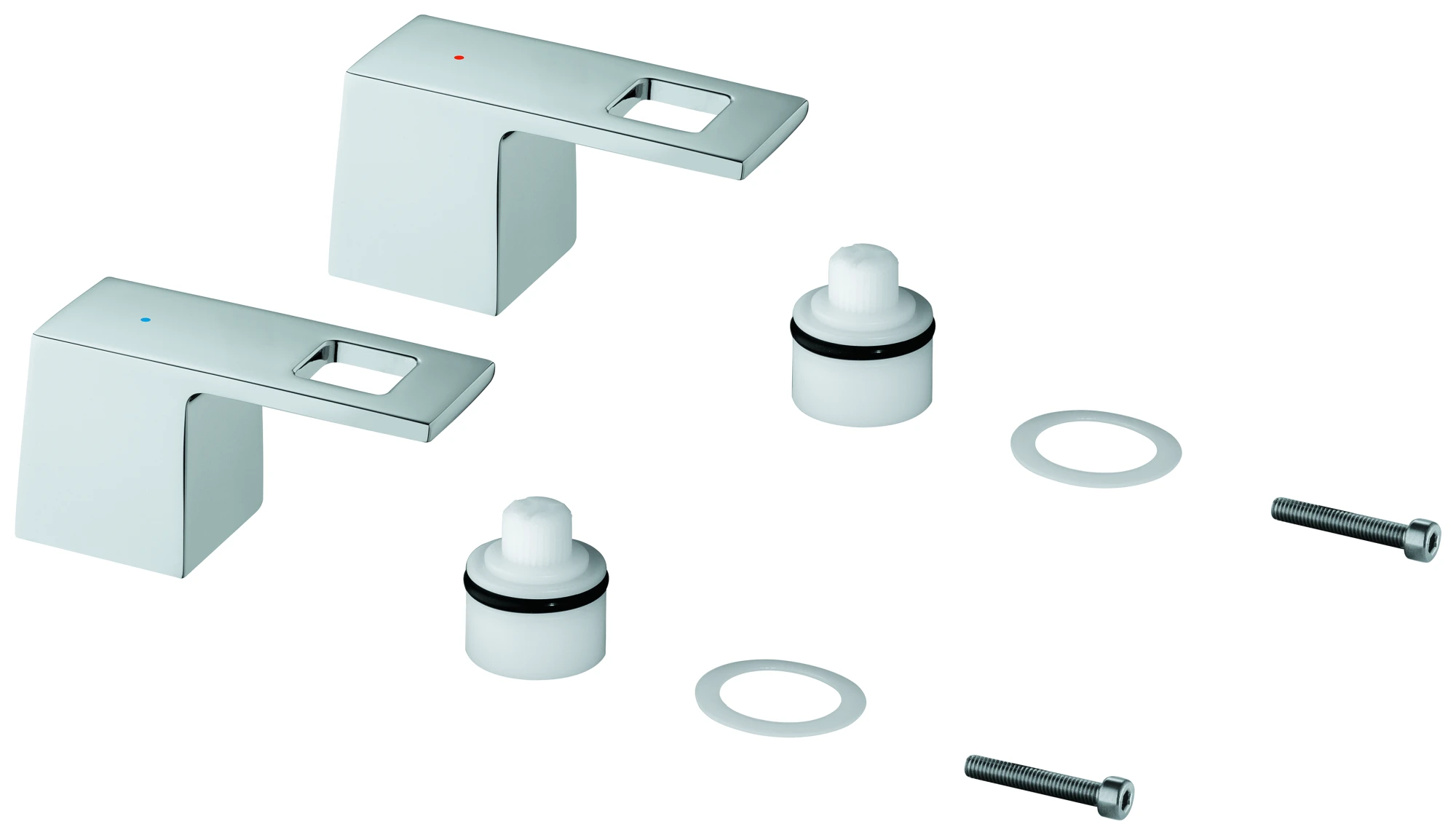 Griffpaar 48321, für Eurocube, für 3-Loch Waschtischbatterie, Markierung blau/rot, chrom