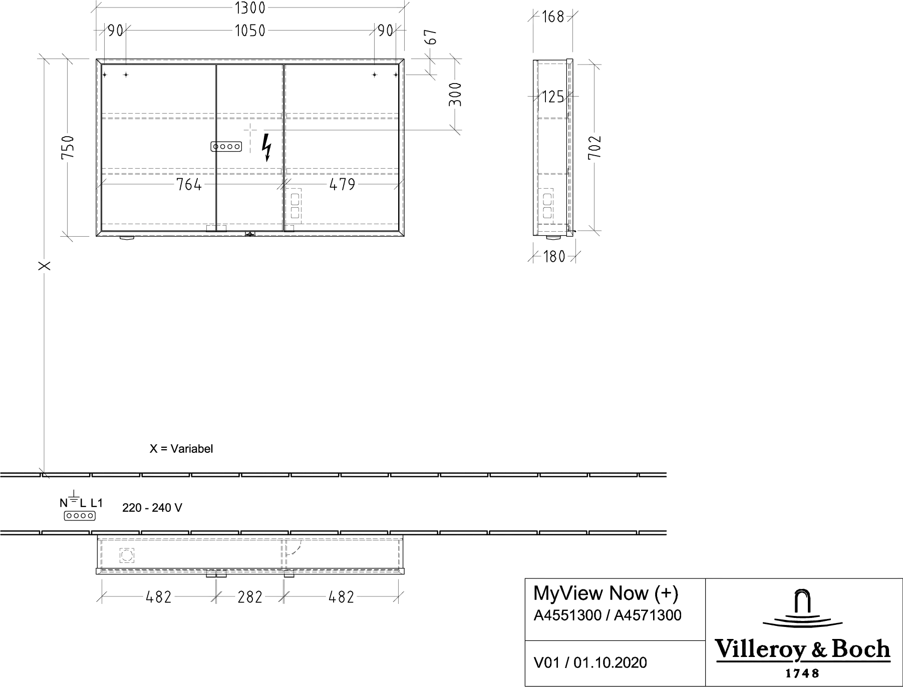 Villeroy & Boch Spiegelschrank „My View Now“ mit Sensorschalter 130 × 75 × 16,8 cm