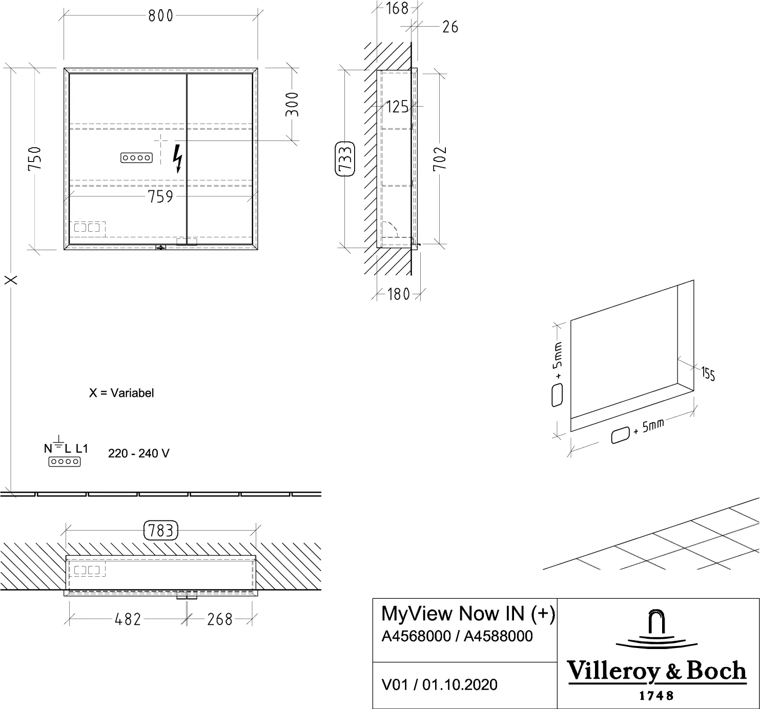 Villeroy & Boch Einbau-Spiegelschrank My View Now A45680 800x750x168mm mit Beleuchtung