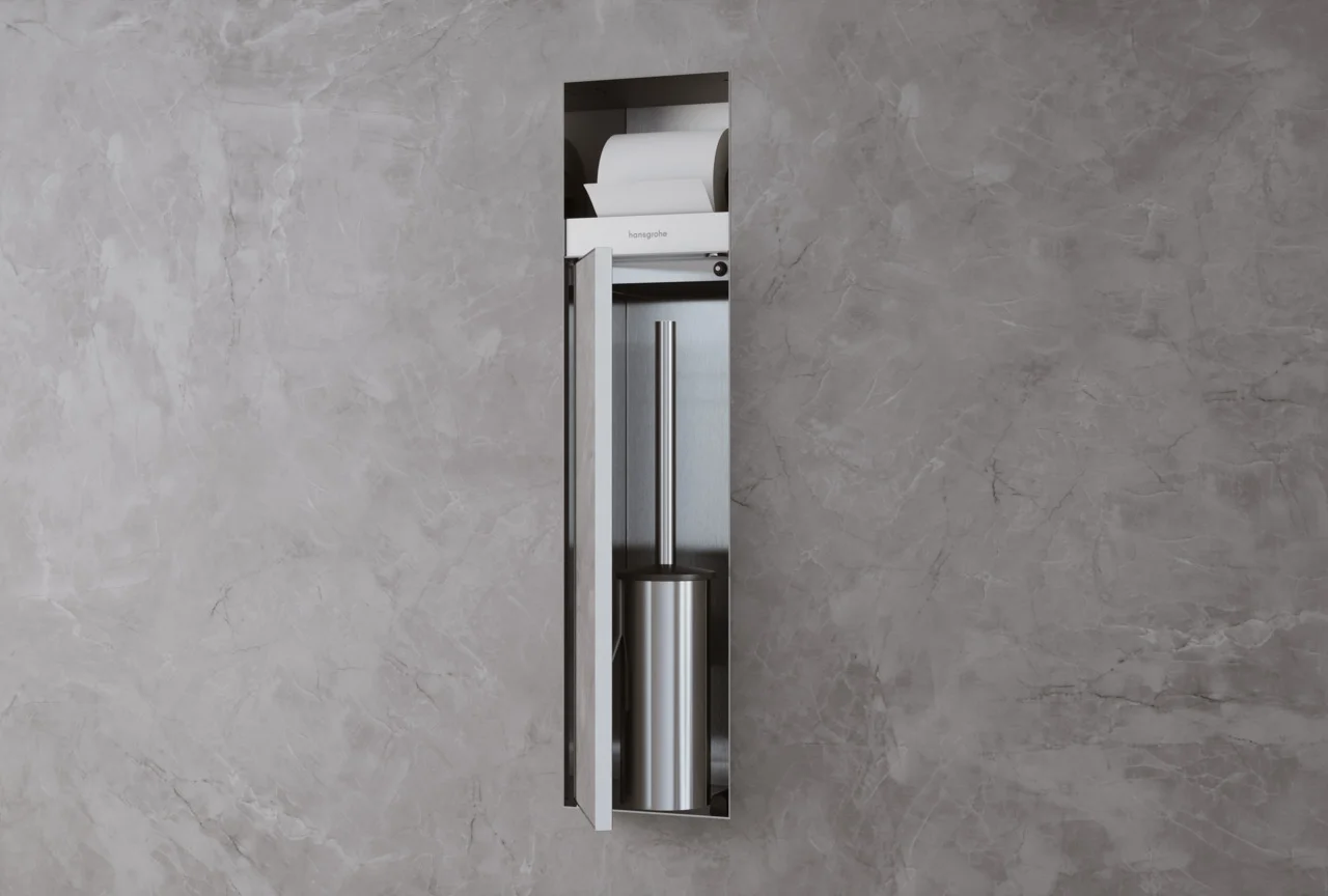 Hansgrohe XtraStoris Rock Einbau Toilettenbürstenhalter mit befliesbarer Tür, Edelstahl gebürstet, links anschlagend, 140 mm Einbautiefe