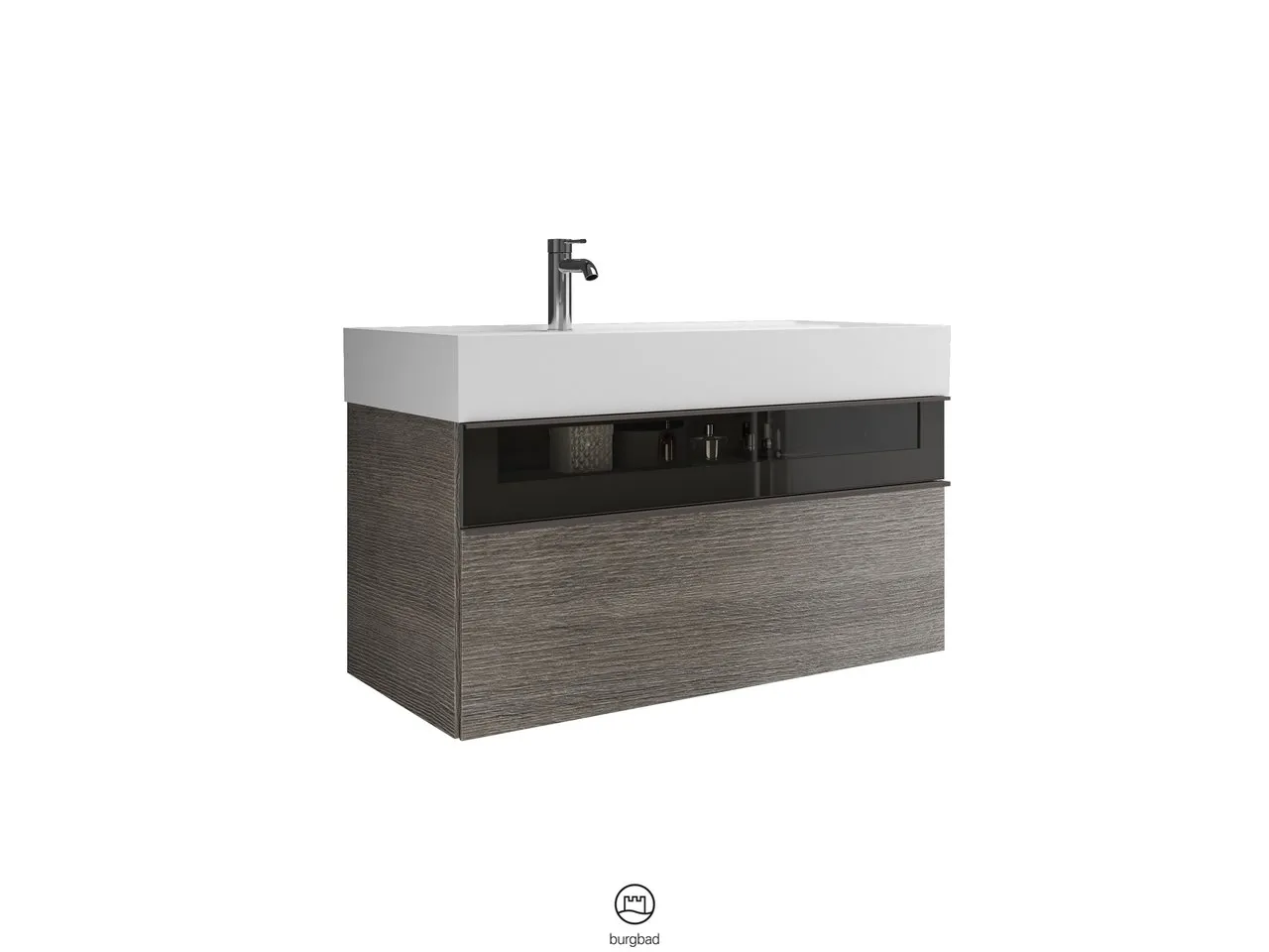 Mi-Waschtisch inkl. WTU Yumo von burgbad – Mineralguss, 470x1015x610 mm, 1 Schublade, 1 Auszug, Rauchglaseinsatz