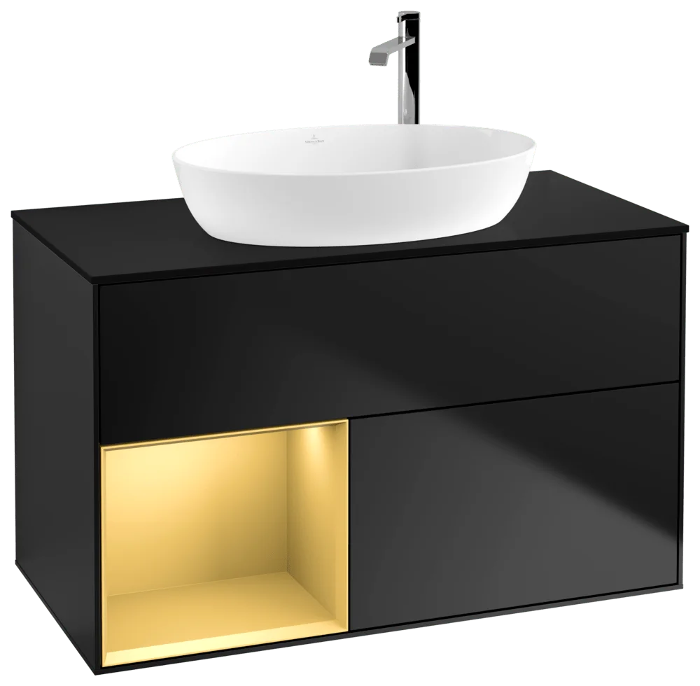 Villeroy & Boch Waschbeckenunterschrank Finion F89, 1000x603x501 mm, Black Matt Lacquer mit Gold Regal, Beleuchtung dimmbar, Push-to-open, SoftClosing