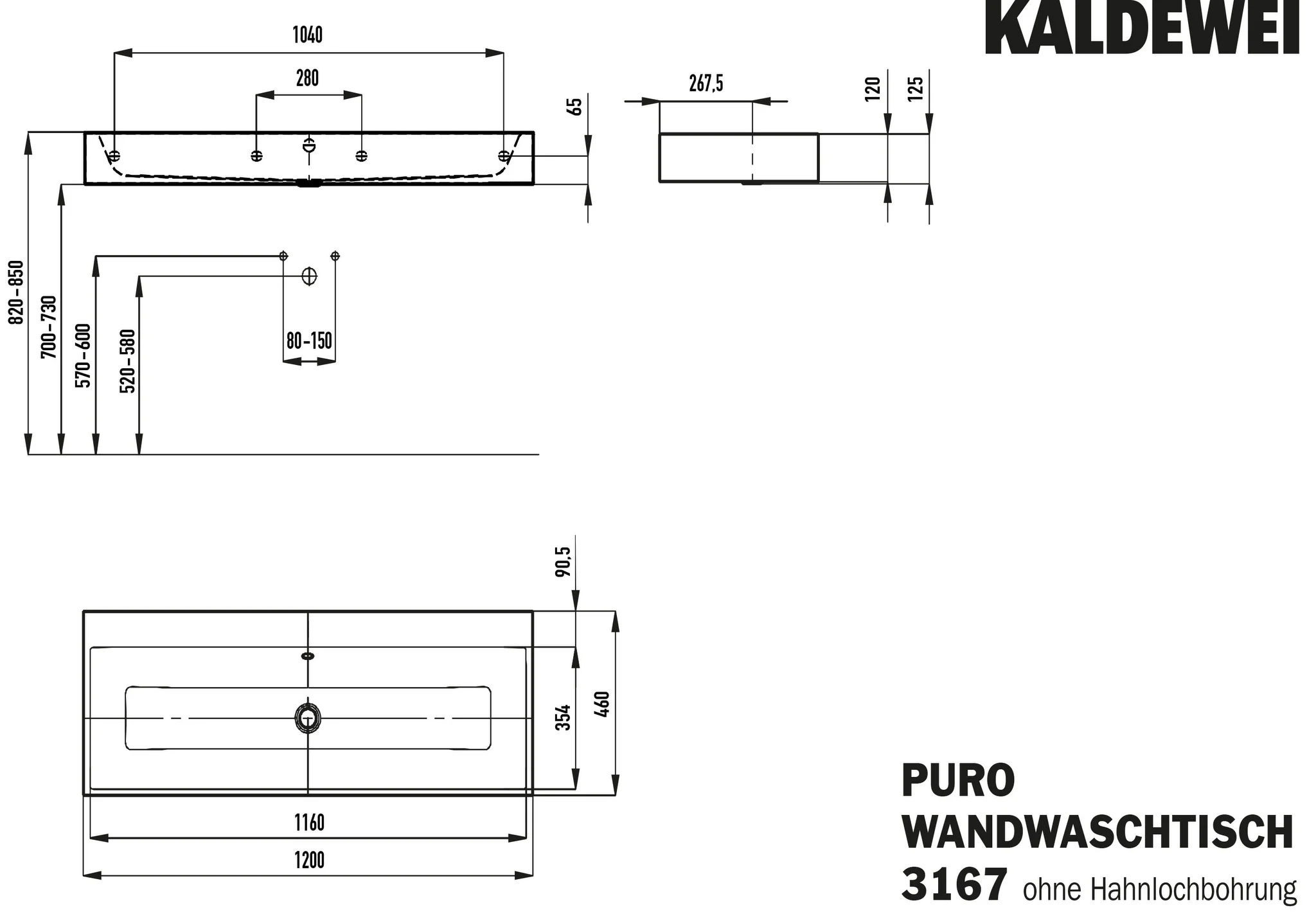Kaldewei PURO Wandwaschtisch, 1200x460 mm, cool grey 30, Perl-Effekt, Antidröhn mit Überlauf, Sichtteile schwarz matt 100 Kaldewei PURO Wandwaschtisch, 1200x460 mm, cool grey 30, Perl-Effekt, Antidröhn mit Überlauf, Sichtteile schwarz matt 100