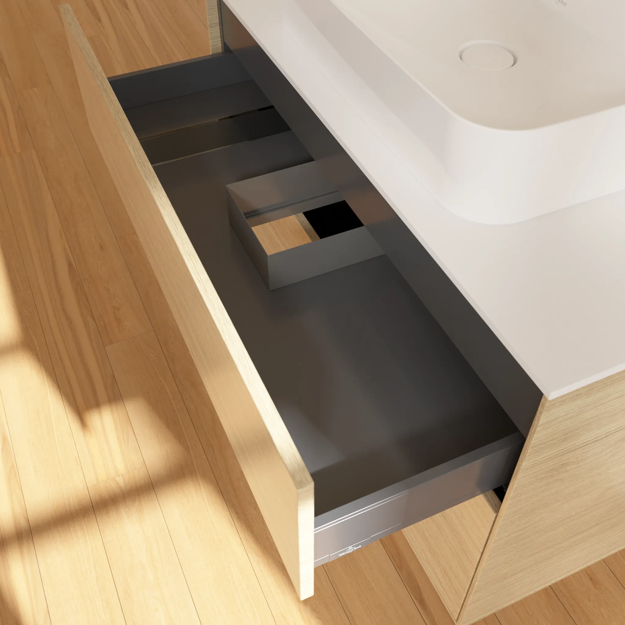 Villeroy & Boch Finion F10 Waschbeckenunterschrank, 1000x603x501mm, Eckig, Holz, Oak Veneer / Glass White Matt