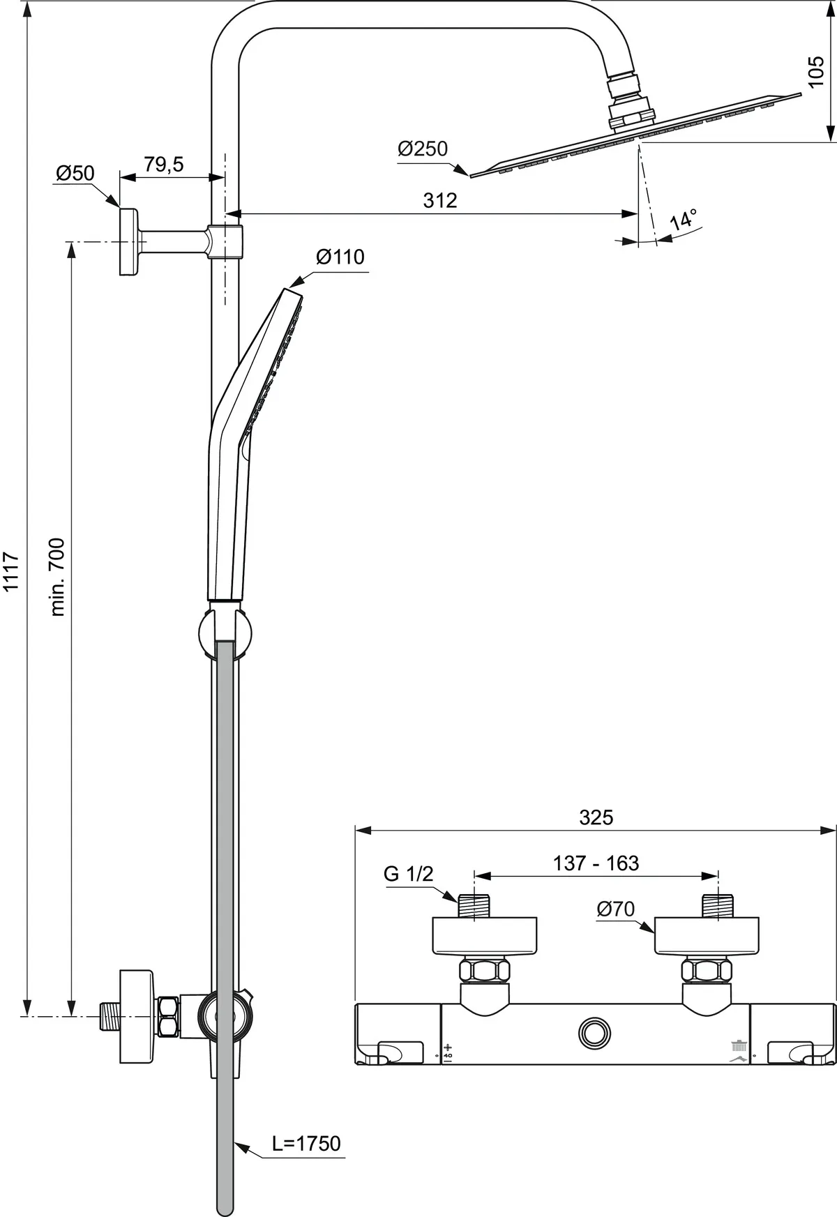 Duschsystem Ceratherm T50 Kopfbrause Durchmesser:250mm Chrom