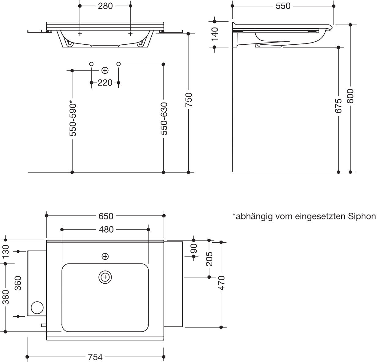 Wandwaschtisch 75,4 × 55 × 14 cm in Schwarz tiefmatt