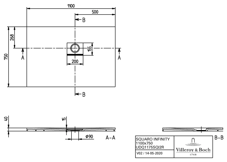 Villeroy & Boch rechteck Duschwanne „Squaro Infinity“ Eck-Einbau rechts gegen Wand 110 × 75 cm