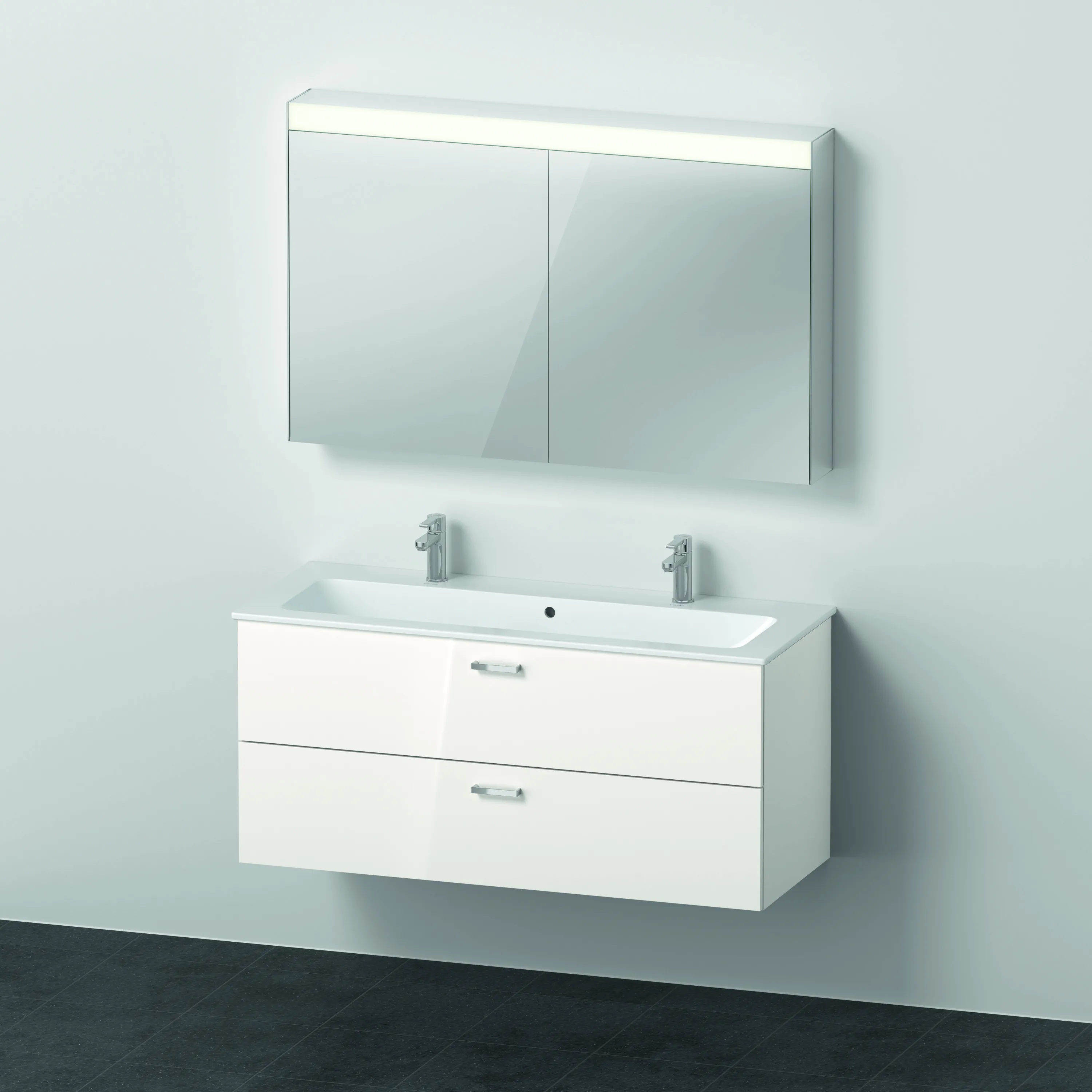 Duravit Waschtischunterschrank Möbelwaschtisch mit Waschtischunterbau und Spiegelschrank „XBase“ 123 × 20 × 49 cm in Weiß Glänzend