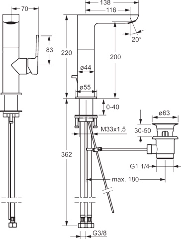 HA Einhebelmischer Waschtischbatterie HANSALIGNA 5530 Zugstangenablaufgarnitur Ausladung 116 mm DN15 Chrom