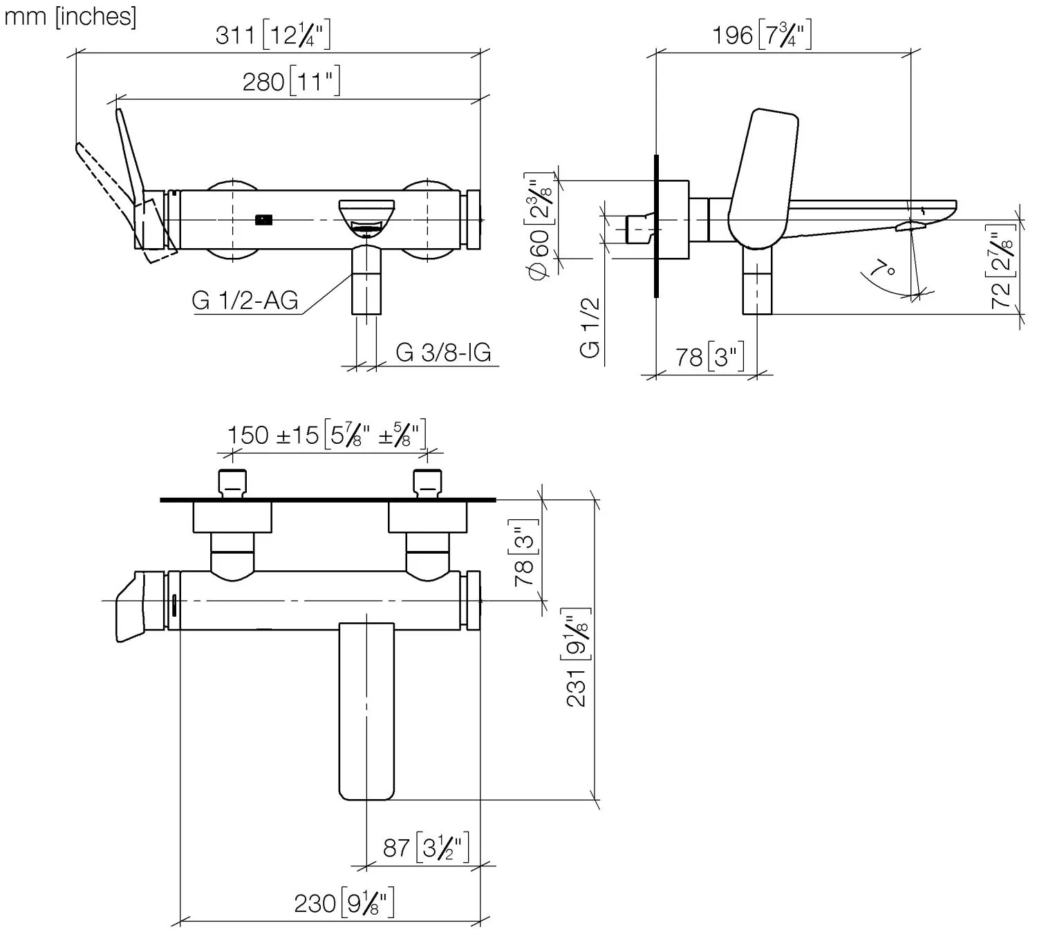 Wannen-Einhandbatterie für Wandmontage ohne Garnitur LISSÉ Chrom 33200845