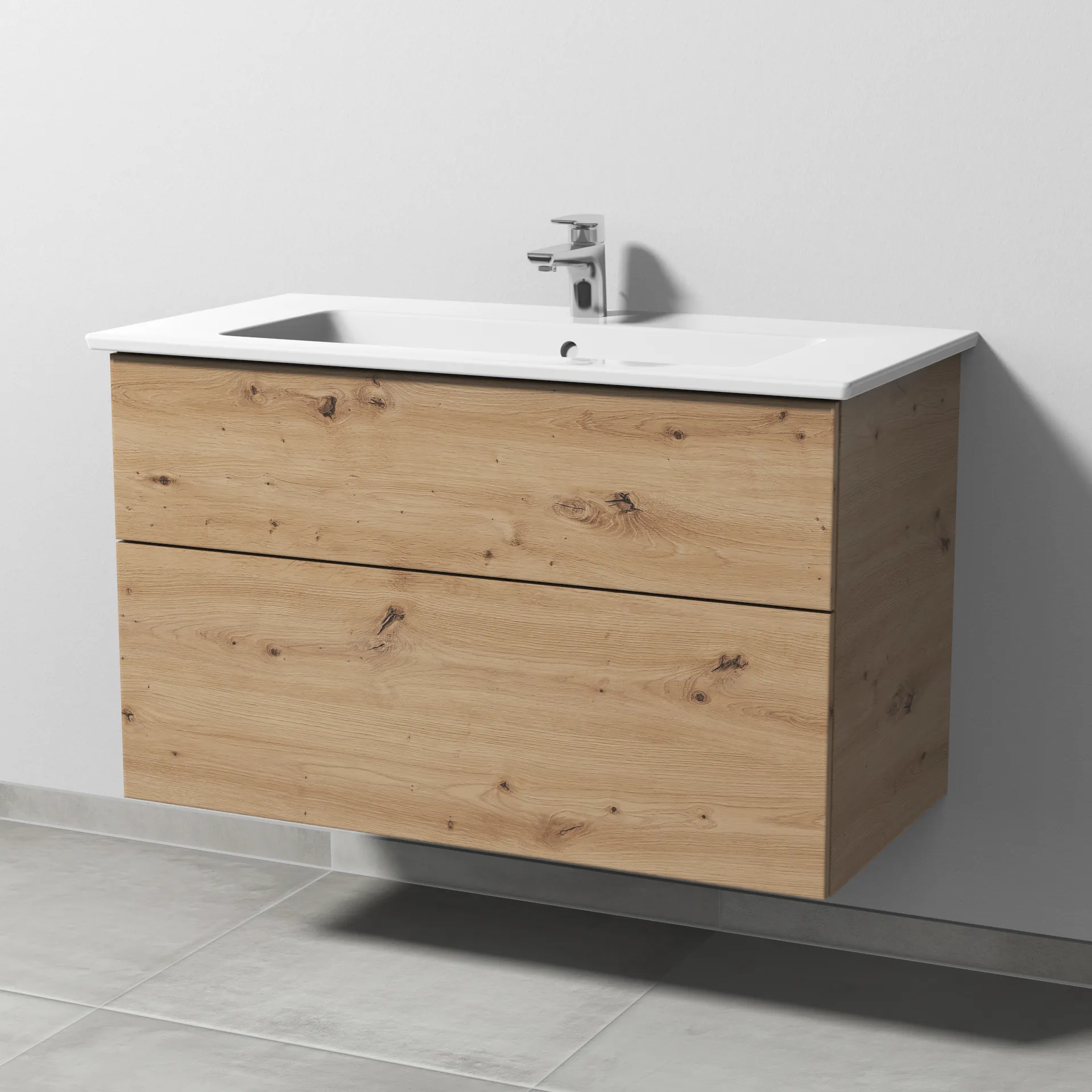 Keramik-Waschtisch-Set mit Waschtischunterschrank „3way“ 95,5 × 47,7 × 59,1 cm in Eiche Natural-Touch, mit Hahnlochbohrung, Becken mittig