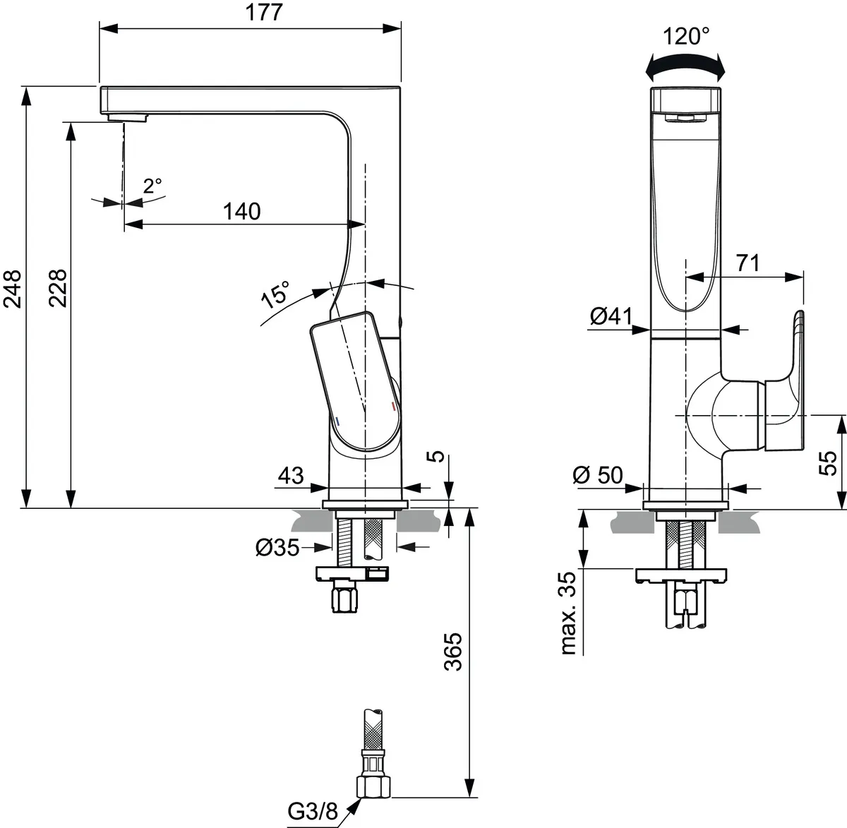 Waschtischarmatur Edge, 5 l/min, ohne Ablaufgarnitur, mit hohem schwenkbarem Auslauf, Ausladung 140mm, Chrom