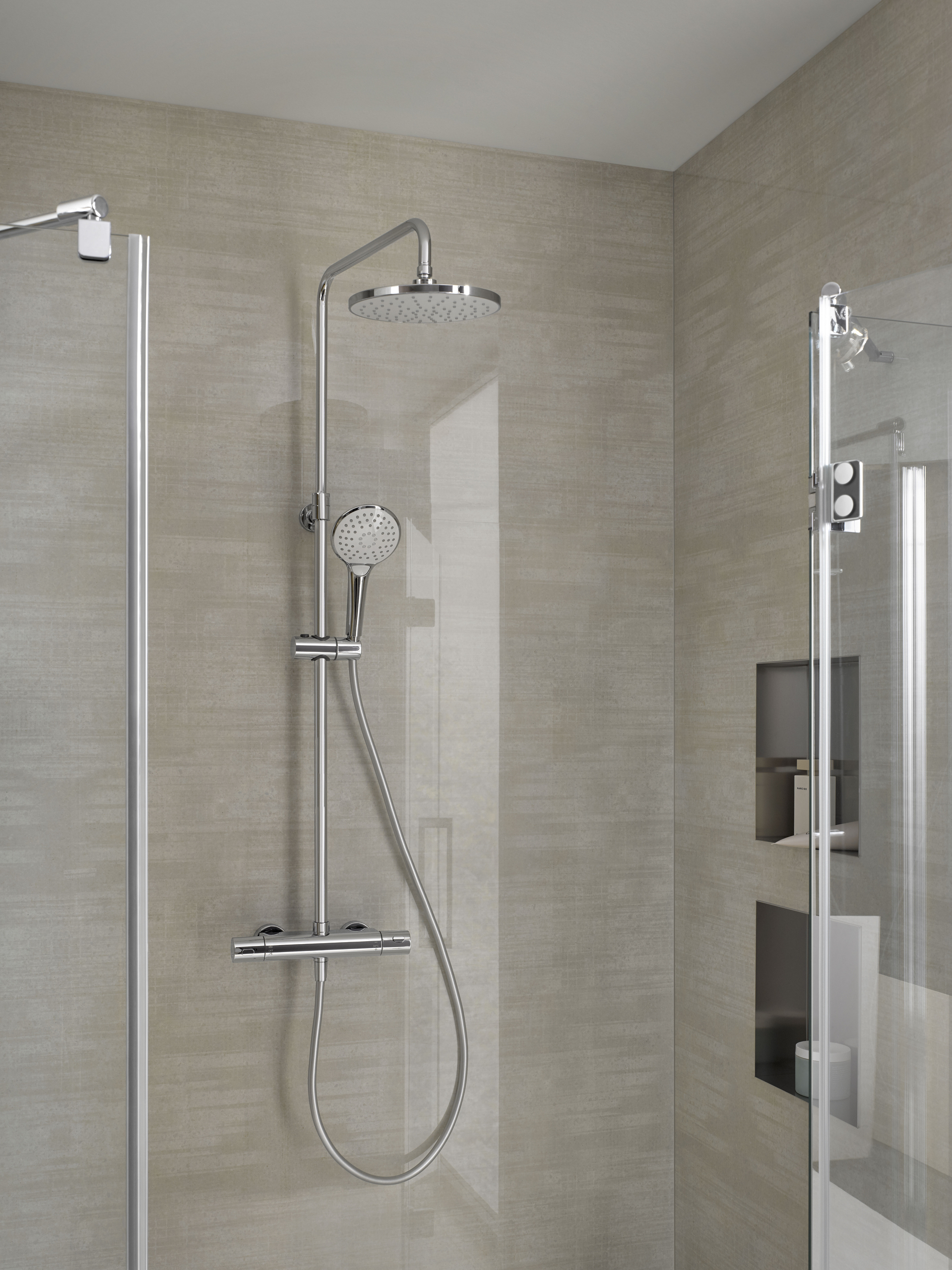 HSK Shower-Set Duschsystem mit Sicherheitsthermostat „RS 75“ mit Kopfbrause Basic, rund (⌀ 225 × 14 mm) Ausladung 400 mm in chrom