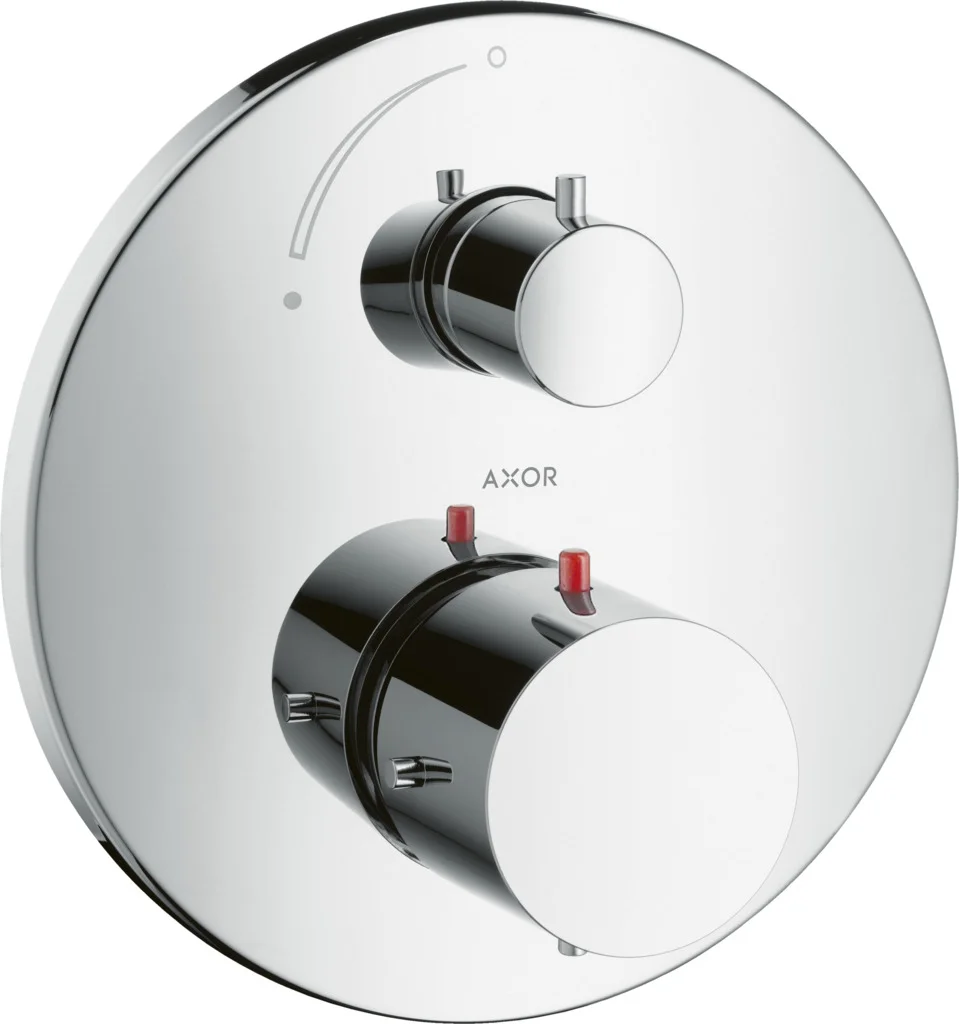 Hansgrohe AXOR Starck Thermostatmischer Unterputz, Chrom, 1 Verbraucher, Keramikventil 90°, max. Durchfluss 25 l/min bei 3 bar, min./max. Betriebsdruck 1/10 bar, Sicherheitssperre ab 40°C, einstellbare Temperaturbegrenzung, Rückflussverhinderer, Schalldä