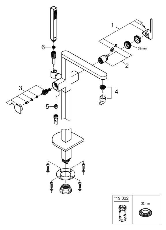 Einhand-Wannenbatterie Plus 23846_3, Bodenmontage, Fertigmontageset für 45984, mit Handbrauseset und Brauseschlauch, eigensicher, chrom