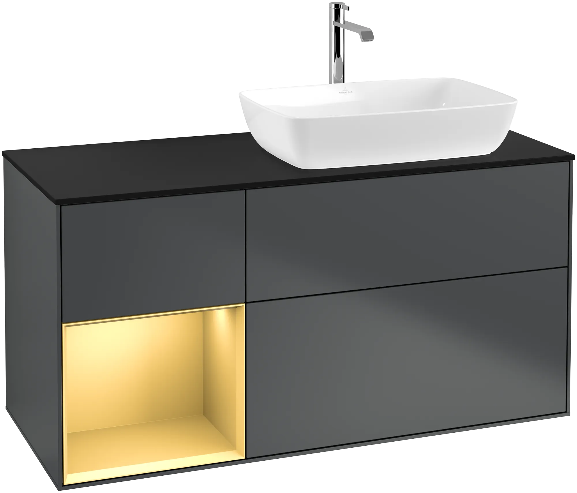 Villeroy & Boch Finion Waschbeckenunterschrank F80, 1200x603x501mm, Midnight Blue Matt Lacquer / Gold Matt Lacquer / Glass Black Matt