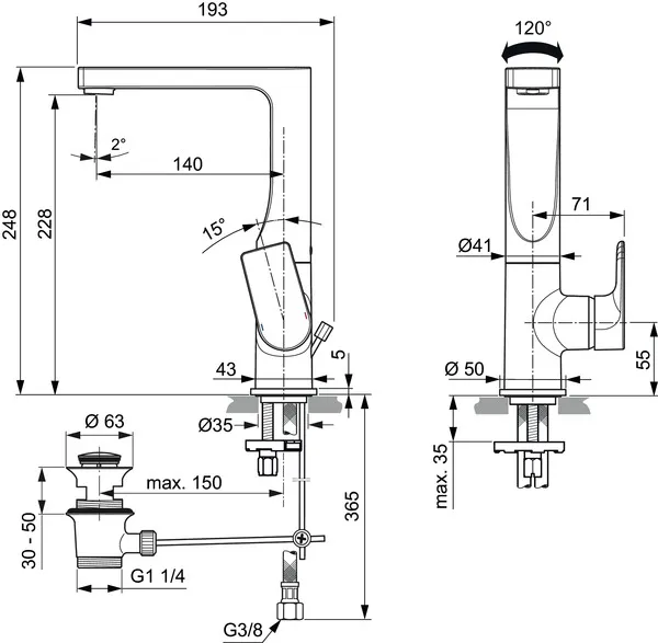 Waschtischarmatur Edge, 5 l/min, mit Ablaufgarnitur, mit hohem schwenkbarem Auslauf, Ausladung 140mm, Chrom Waschtischarmatur Edge, 5 l/min, mit Ablaufgarnitur, mit hohem schwenkbarem Auslauf, Ausladung 140mm, Chrom