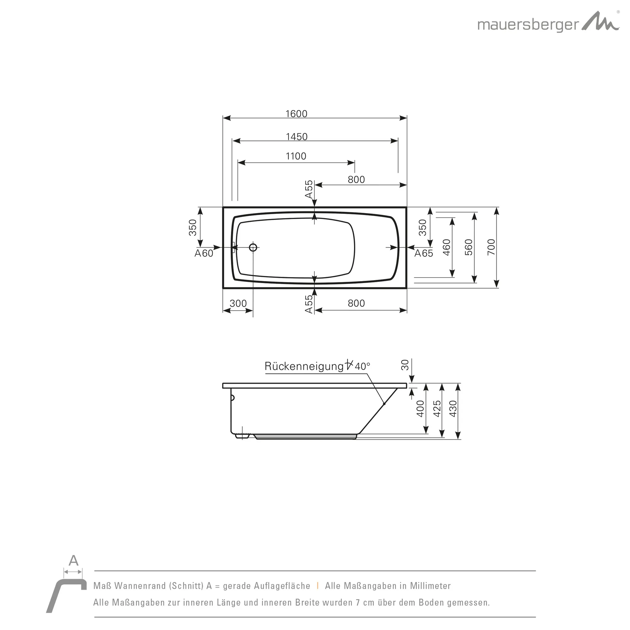 Mauersberger Acryl-Badewanne elisal 160⁄70 1600x700x430, weiß