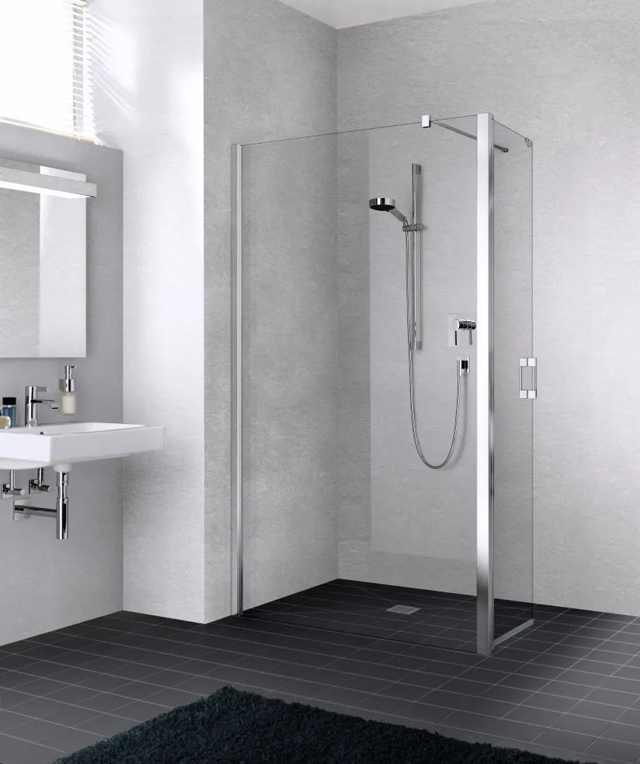 Kermi Duschdesign Walk-In-Duschkabine WALK-IN Wall mit beweglichem Flügel links „LIGA“ Glas Klar, Profile Silber Hochglanz, BV: 875 - 900 mm GAK: 860 - 885 mm WE: 885 - 910 mm H: 1850 mm
