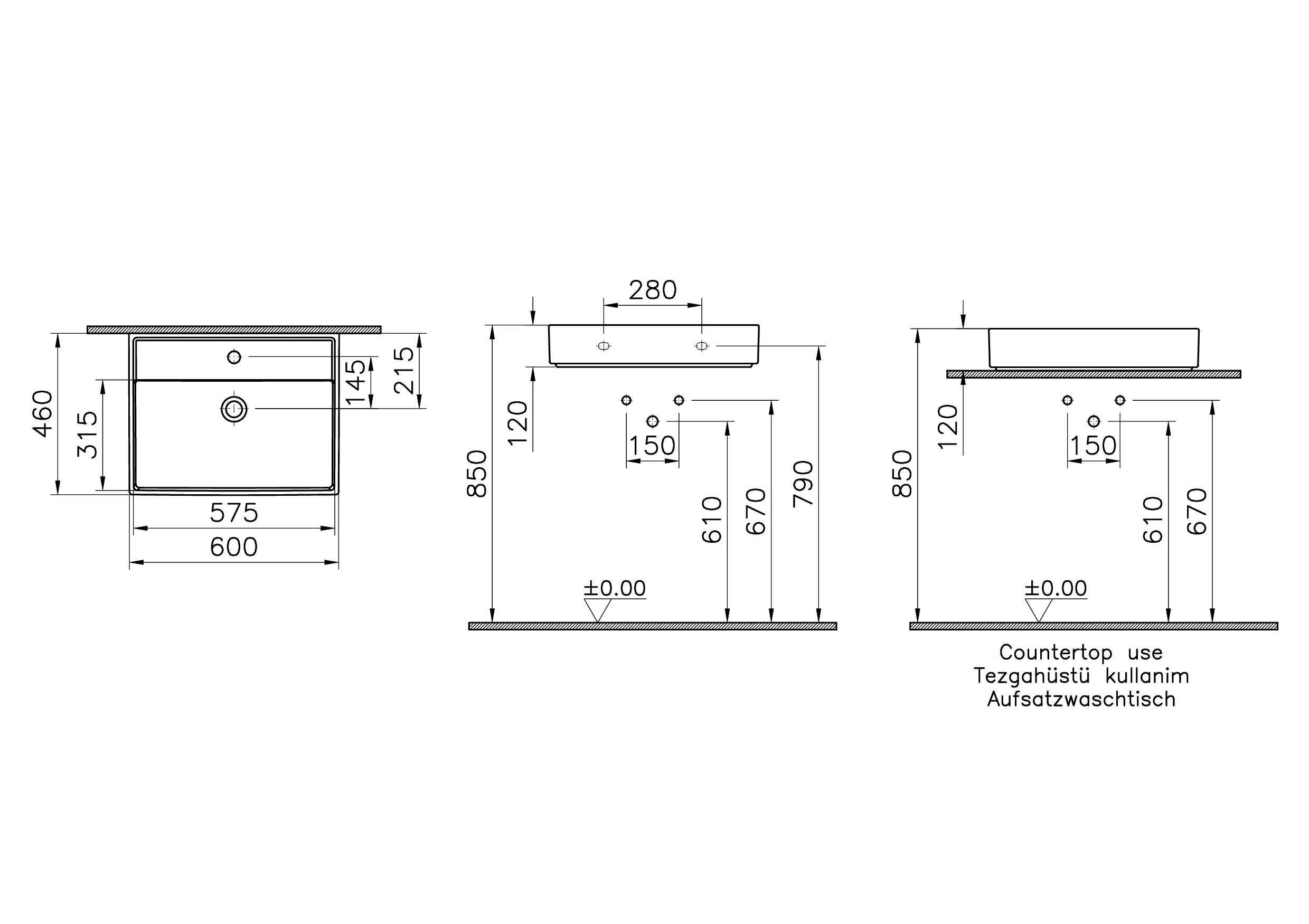 ArchiPlan Waschtisch 60 x 46 cm rechteckig wandgebunden mit Hahnloch mit Überlaufloch Weiß Hochglanz mit Oberflächenveredelung Clean