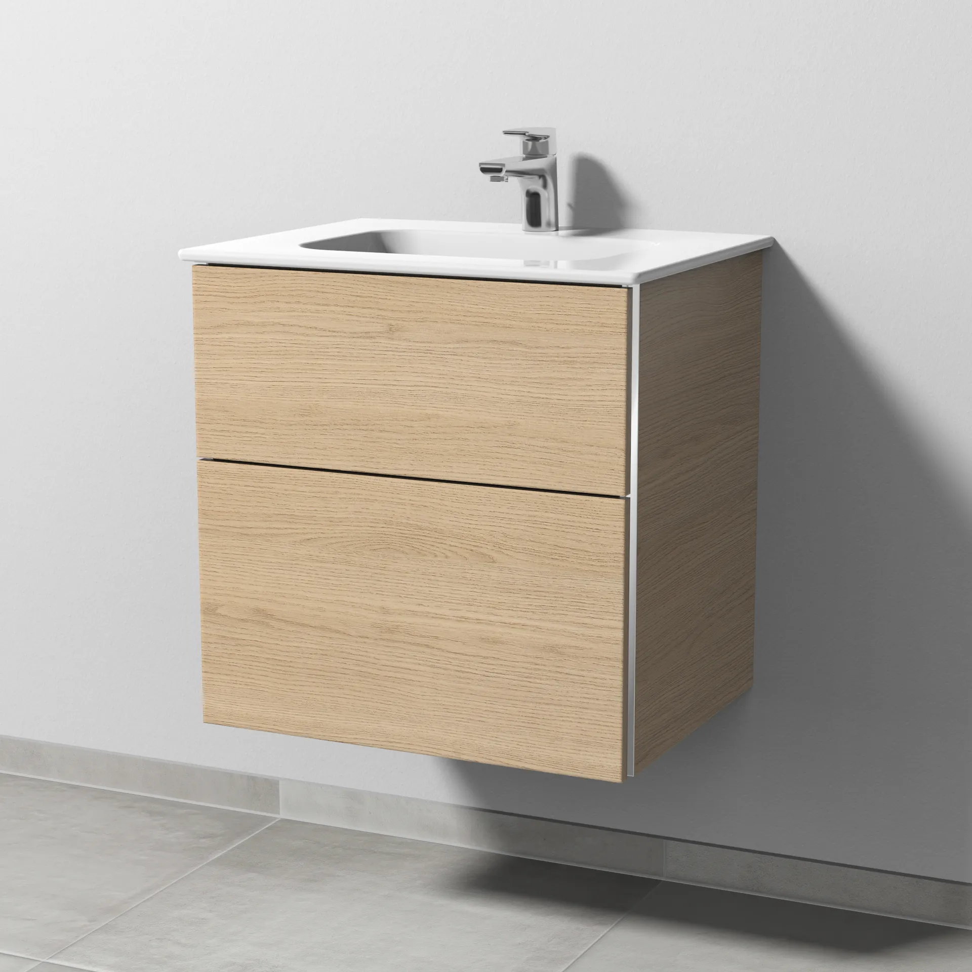 Sanipa Keramik-Waschtisch-Waschtischunterschrank mit Waschtischunterschrank „3way“ 570 × 582 × 460 mm in Eiche Nordic, mit Hahnlochbohrung, Becken